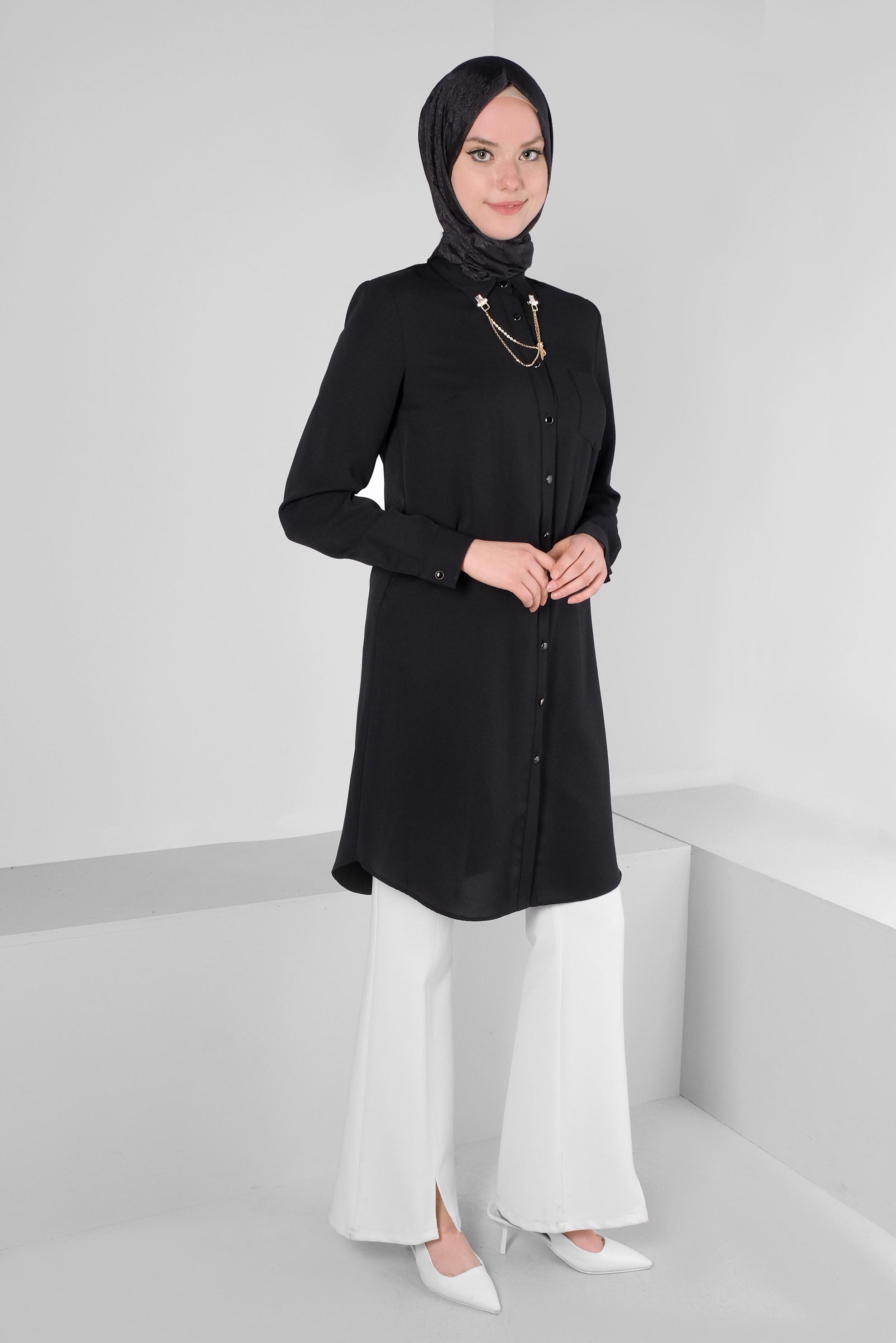 Tesettür giyim SİYAH ZİNCİR DETAYLI DÜĞMELİ TUNİK 43668