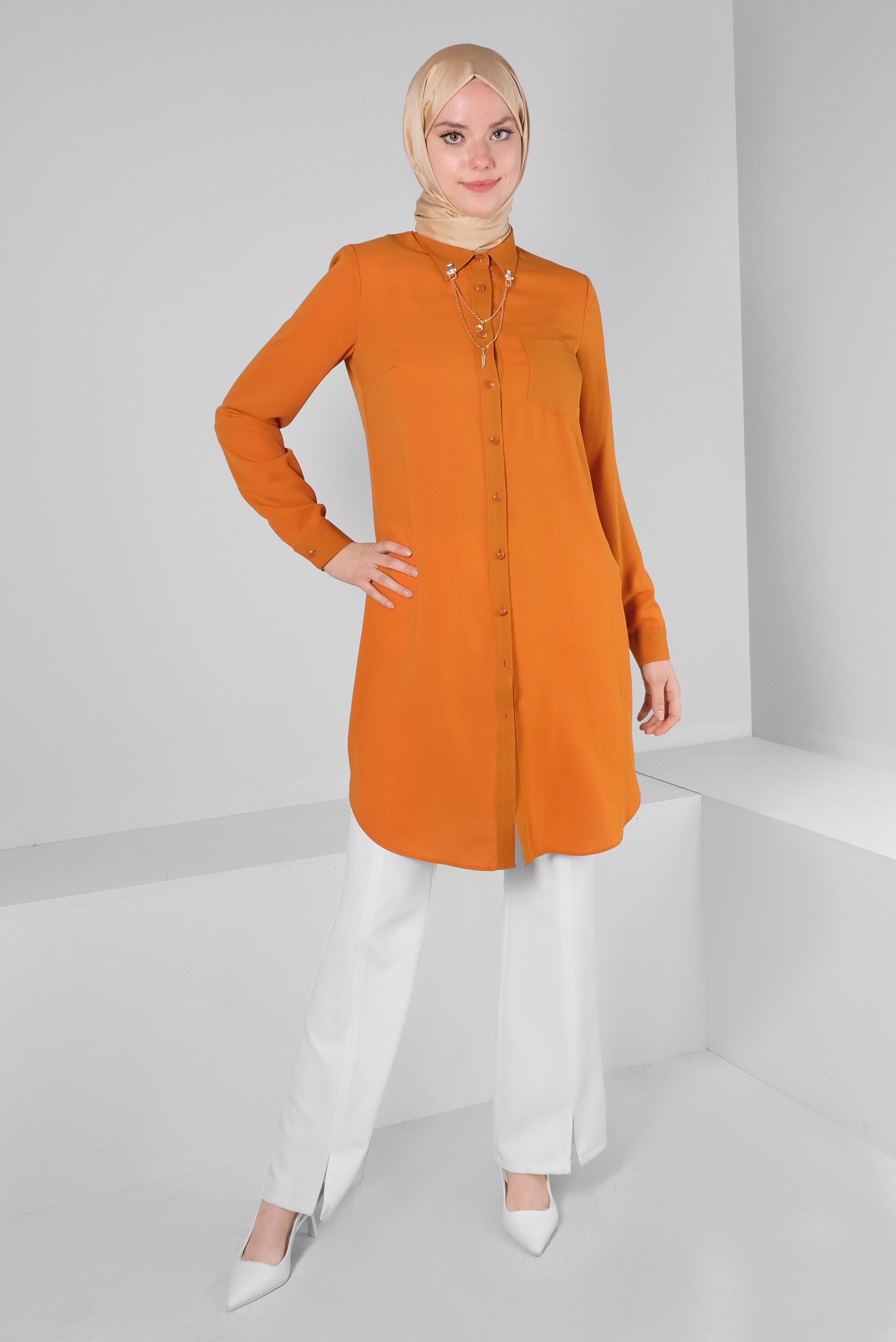 Tesettür giyim TURUNCU ZİNCİR DETAYLI DÜĞMELİ TUNİK 43668