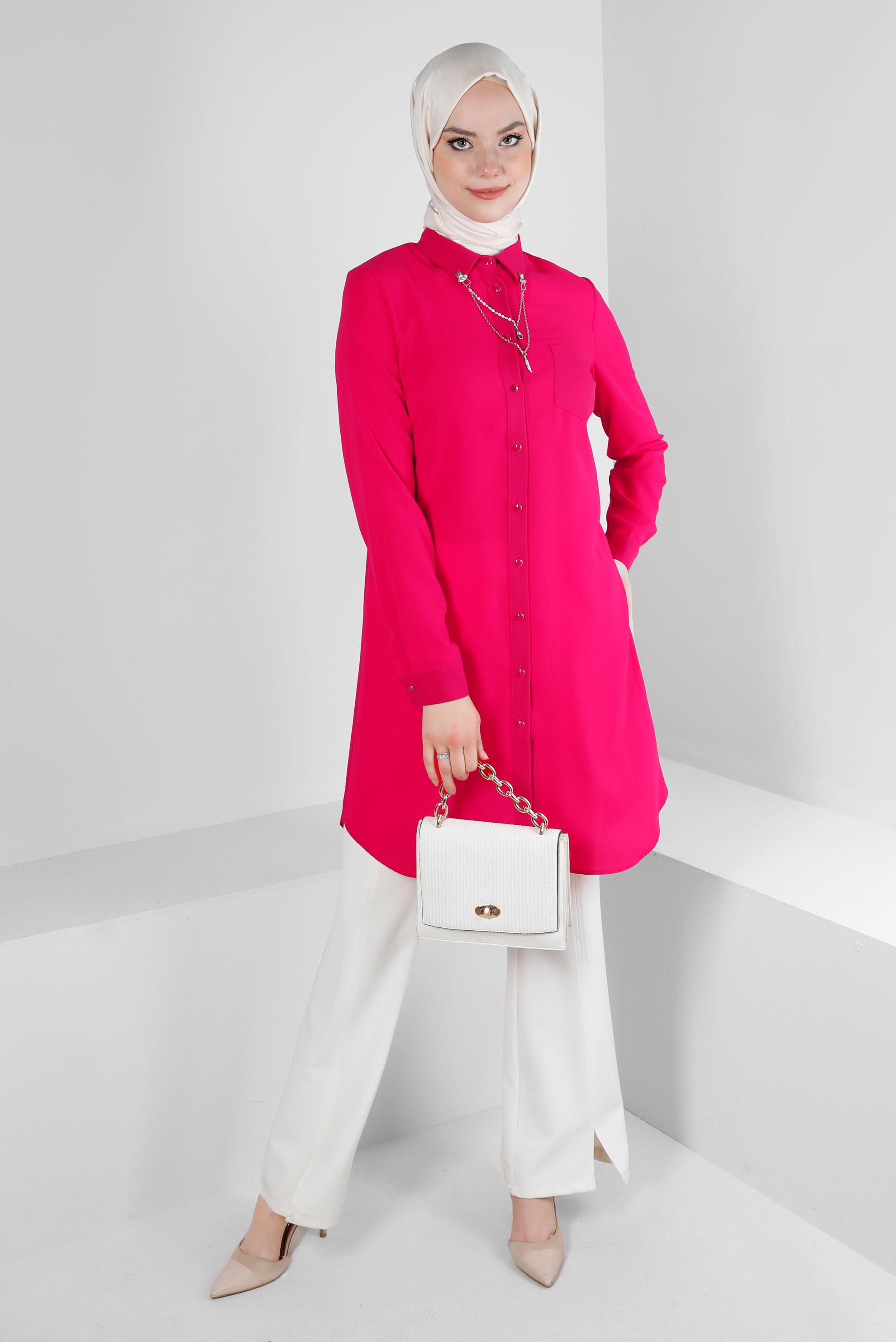 Tesettür giyim FUŞYA ZİNCİR DETAYLI DÜĞMELİ TUNİK 43668