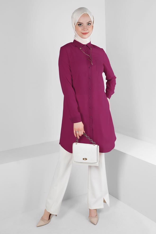Hijab clothing FUCHSIA CHAIN DETAIL BUTTONED TUNIC 43668 - ALVİNA