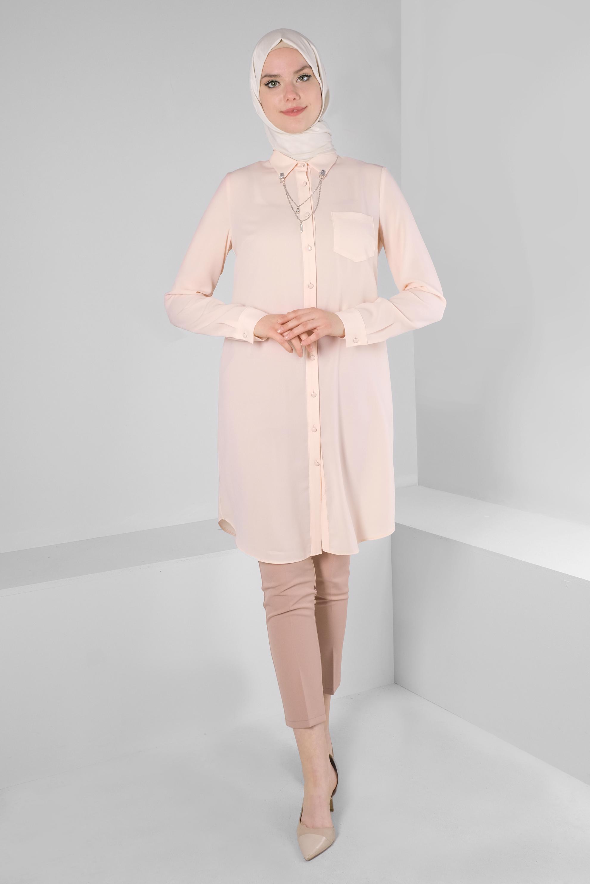 Tesettür giyim PUDRA ZİNCİR DETAYLI DÜĞMELİ TUNİK 43668