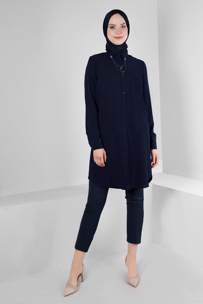 Hijab clothing NAVY BLUE CHAIN DETAIL BUTTONED TUNIC 43668 - ALVİNA