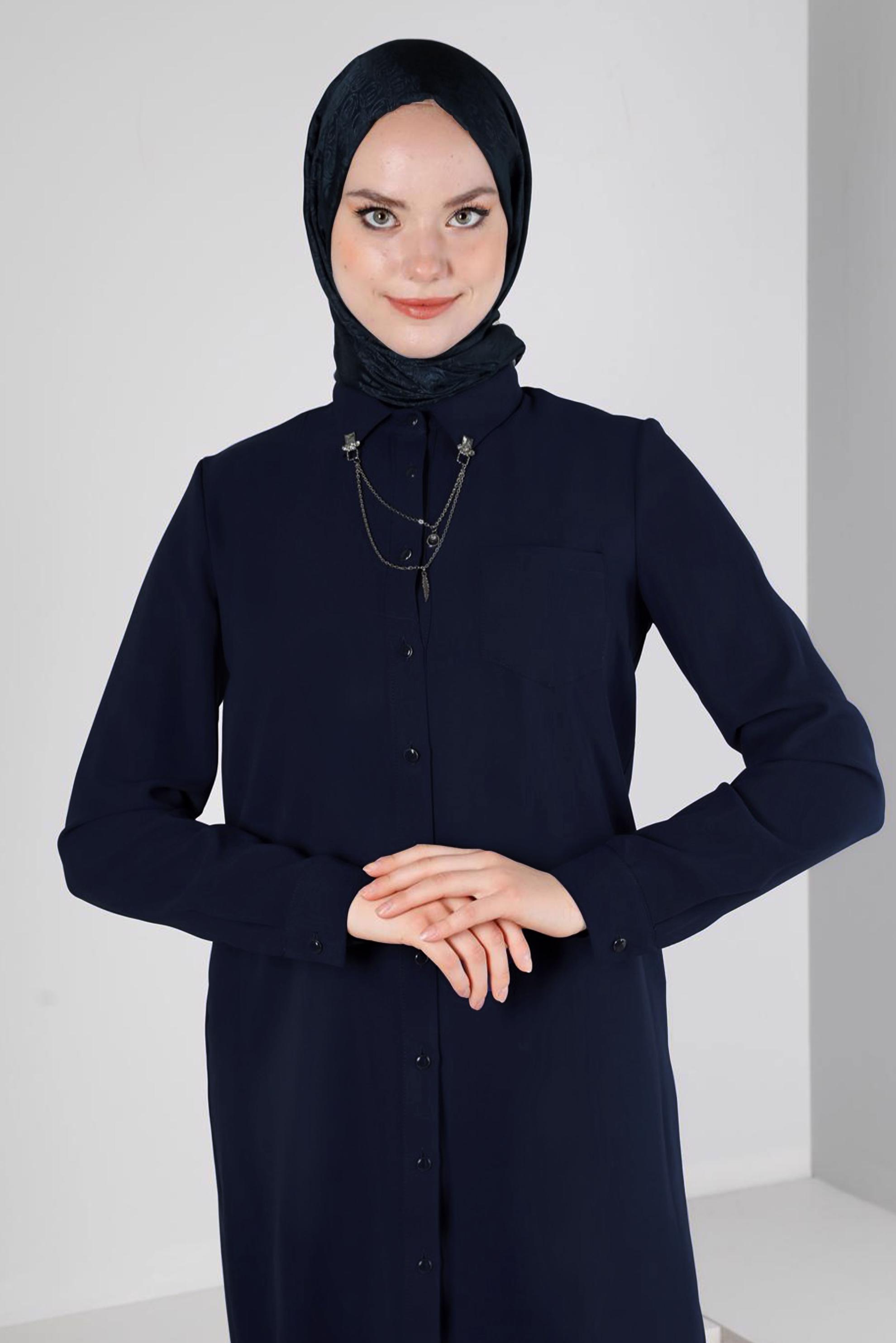 Hijab clothing NAVY BLUE CHAIN DETAIL BUTTONED TUNIC 43668