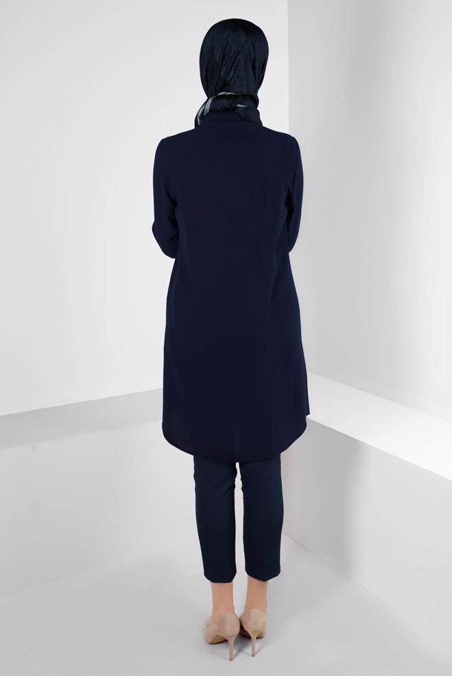 Hijab clothing NAVY BLUE CHAIN DETAIL BUTTONED TUNIC 43668 - ALVİNA