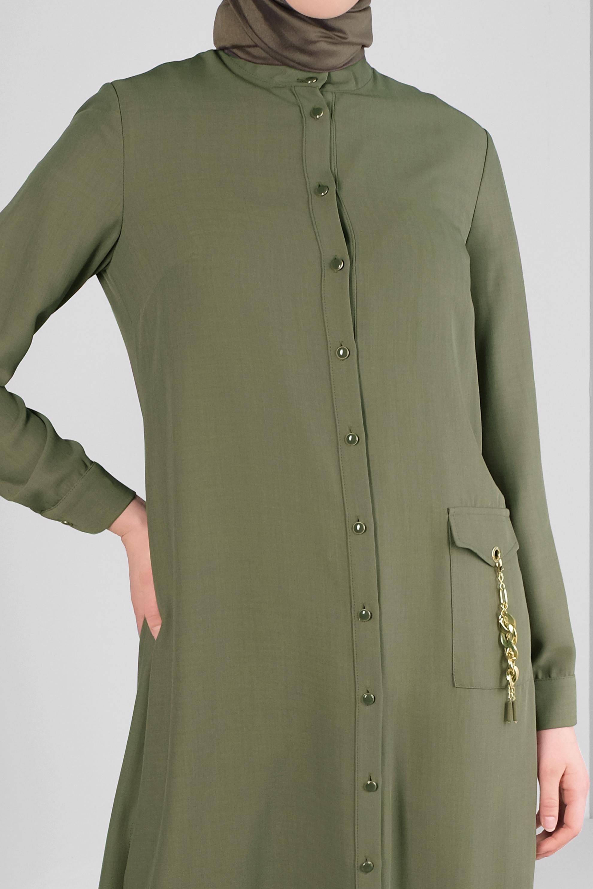 Tesettür giyim HAKİ CEBİ ZİNCİR DETAYLI DÜĞMELİ TUNİK 43669