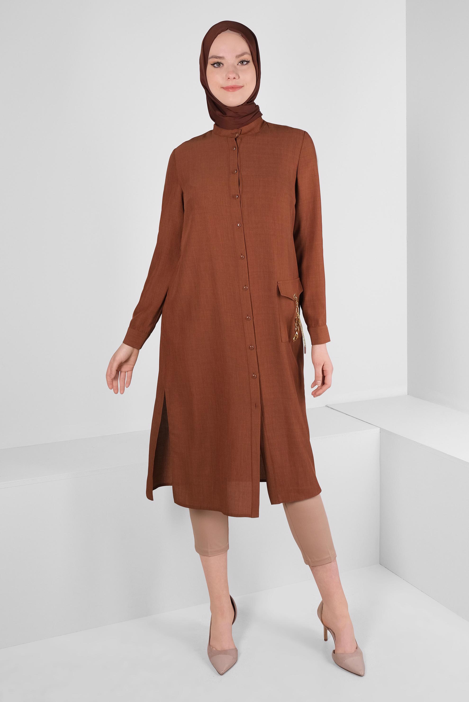 Tesettür giyim TURUNCU CEBİ ZİNCİR DETAYLI DÜĞMELİ TUNİK 43669