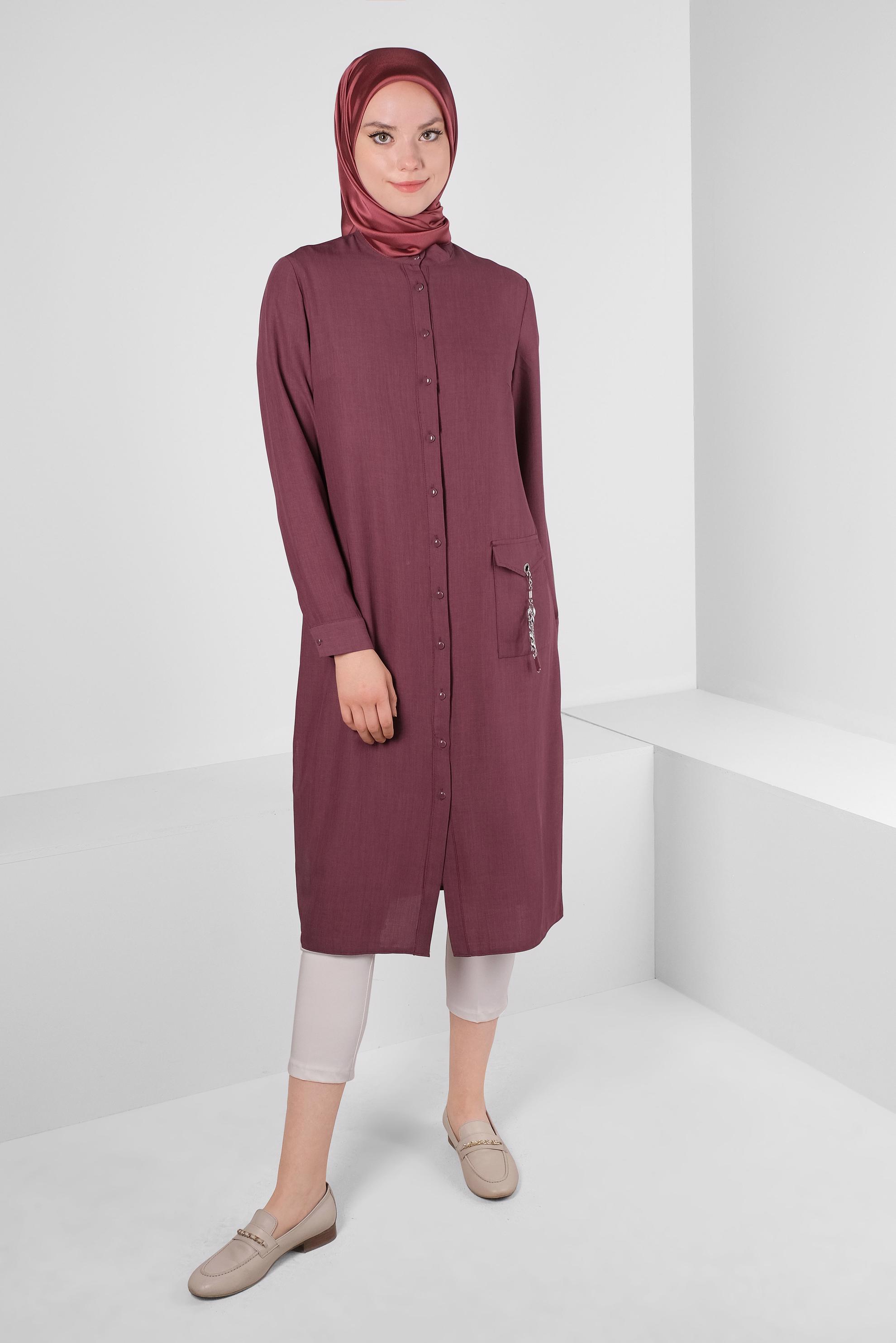 Tesettür giyim PEMBE CEBİ ZİNCİR DETAYLI DÜĞMELİ TUNİK 43669