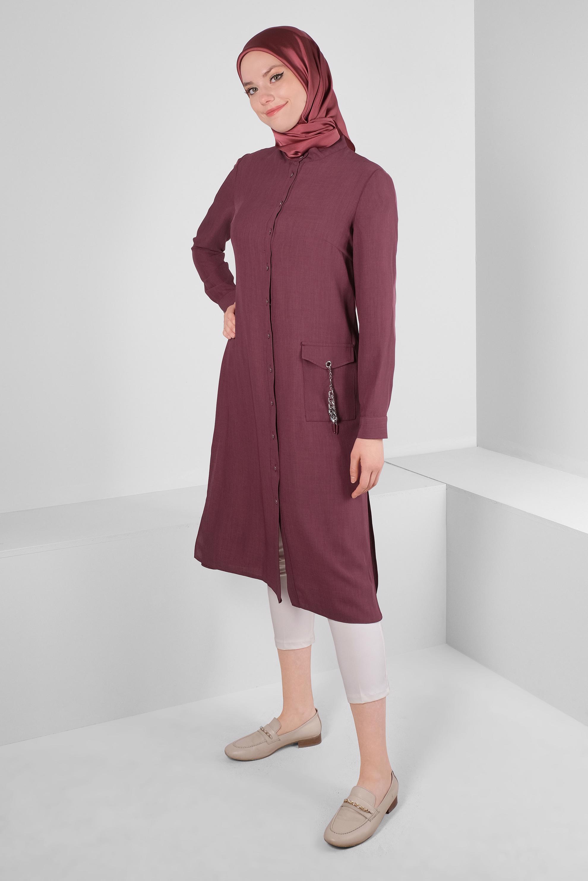 Tesettür giyim PEMBE CEBİ ZİNCİR DETAYLI DÜĞMELİ TUNİK 43669