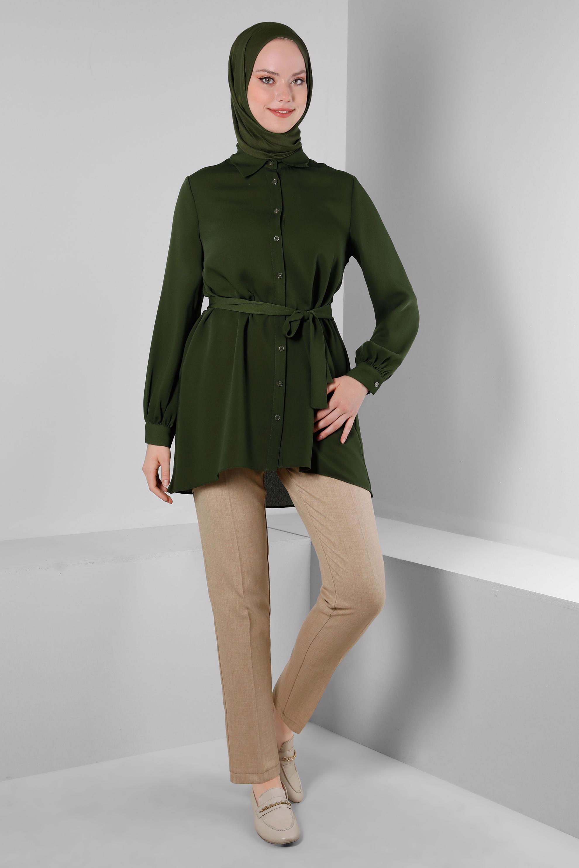 Tesettür giyim HAKİ KUŞAKLI ASİMETRİK KESİM GÖMLEK TUNİK 43671