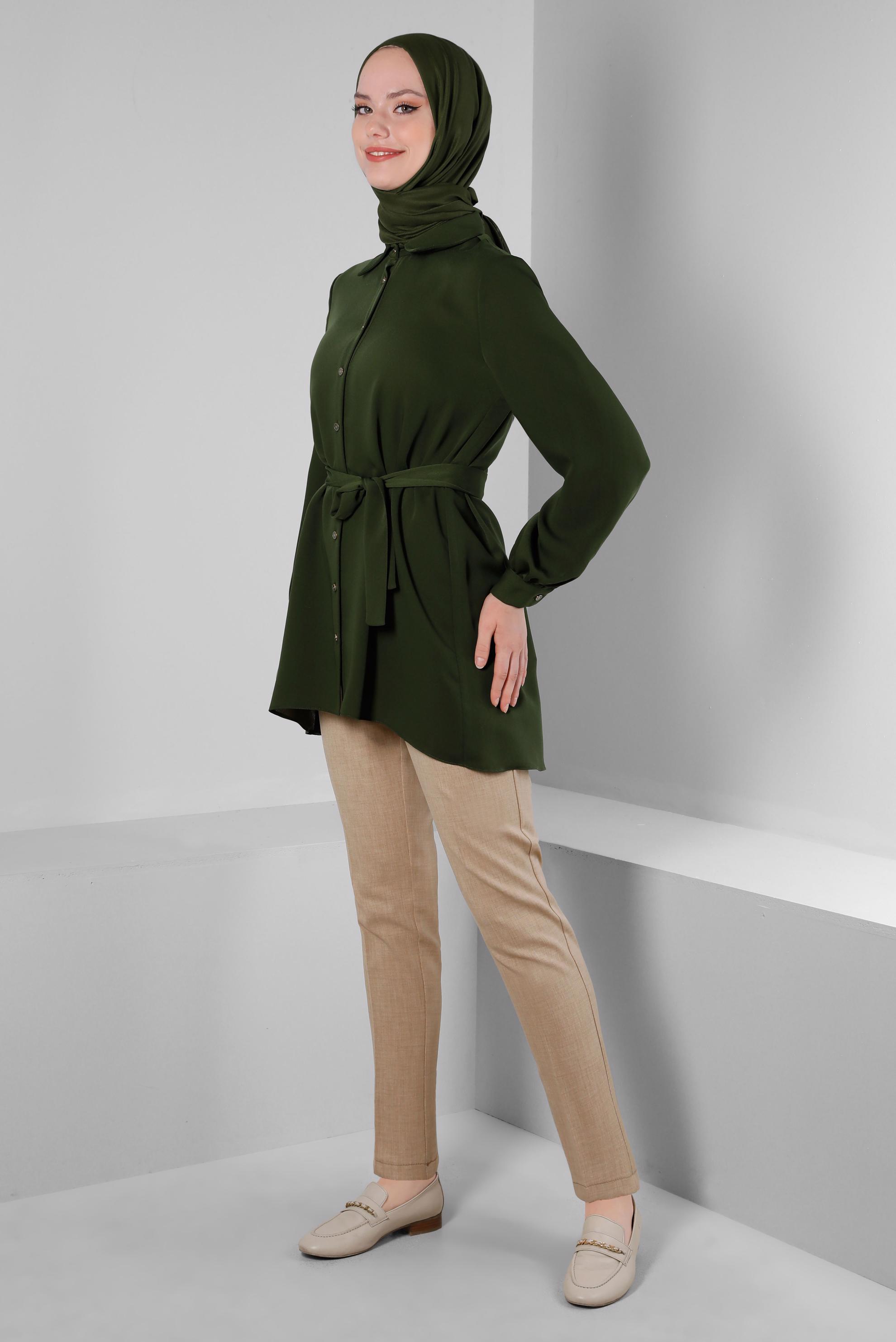 Tesettür giyim HAKİ KUŞAKLI ASİMETRİK KESİM GÖMLEK TUNİK 43671