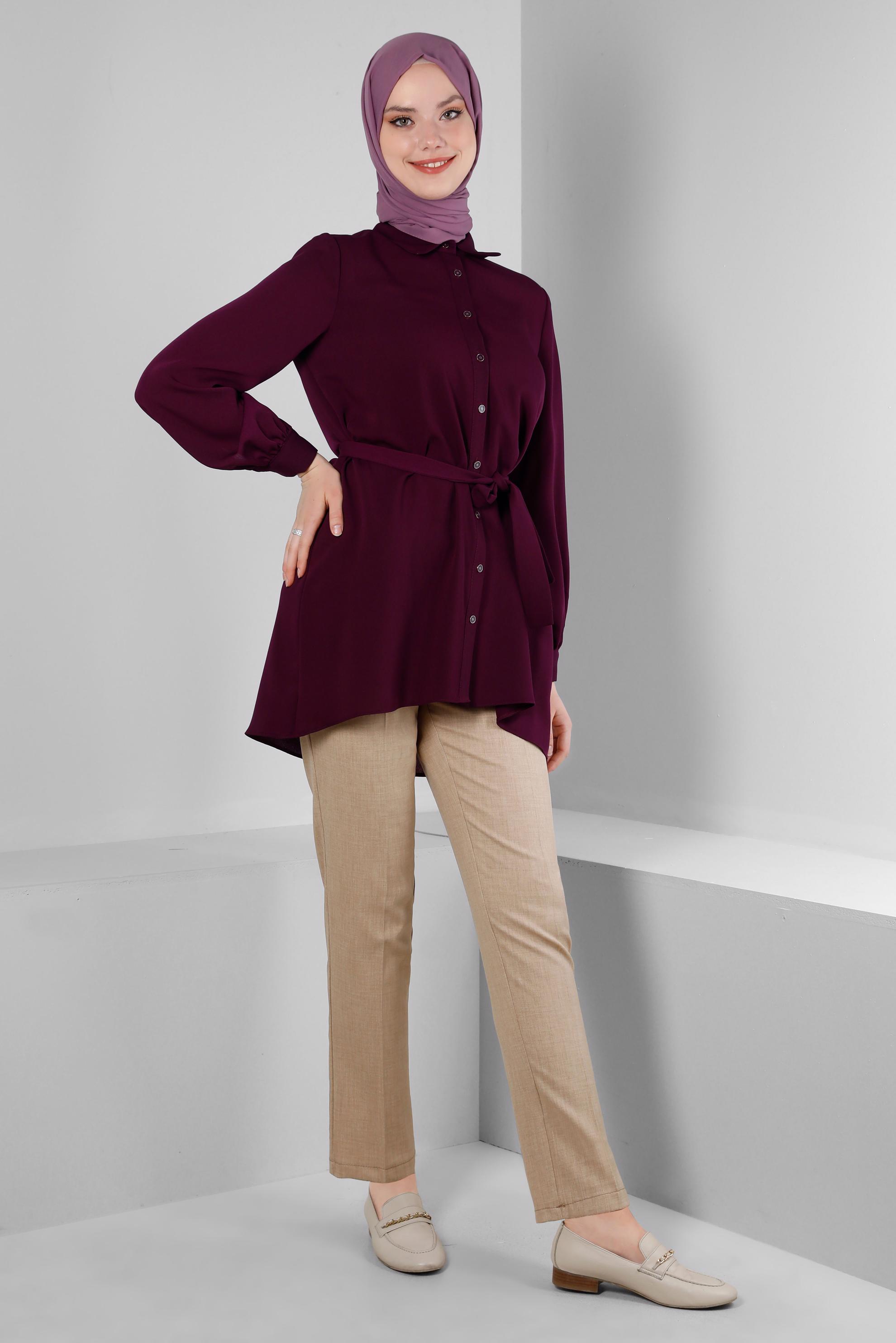 Tesettür giyim MÜRDÜM KUŞAKLI ASİMETRİK KESİM GÖMLEK TUNİK 43671