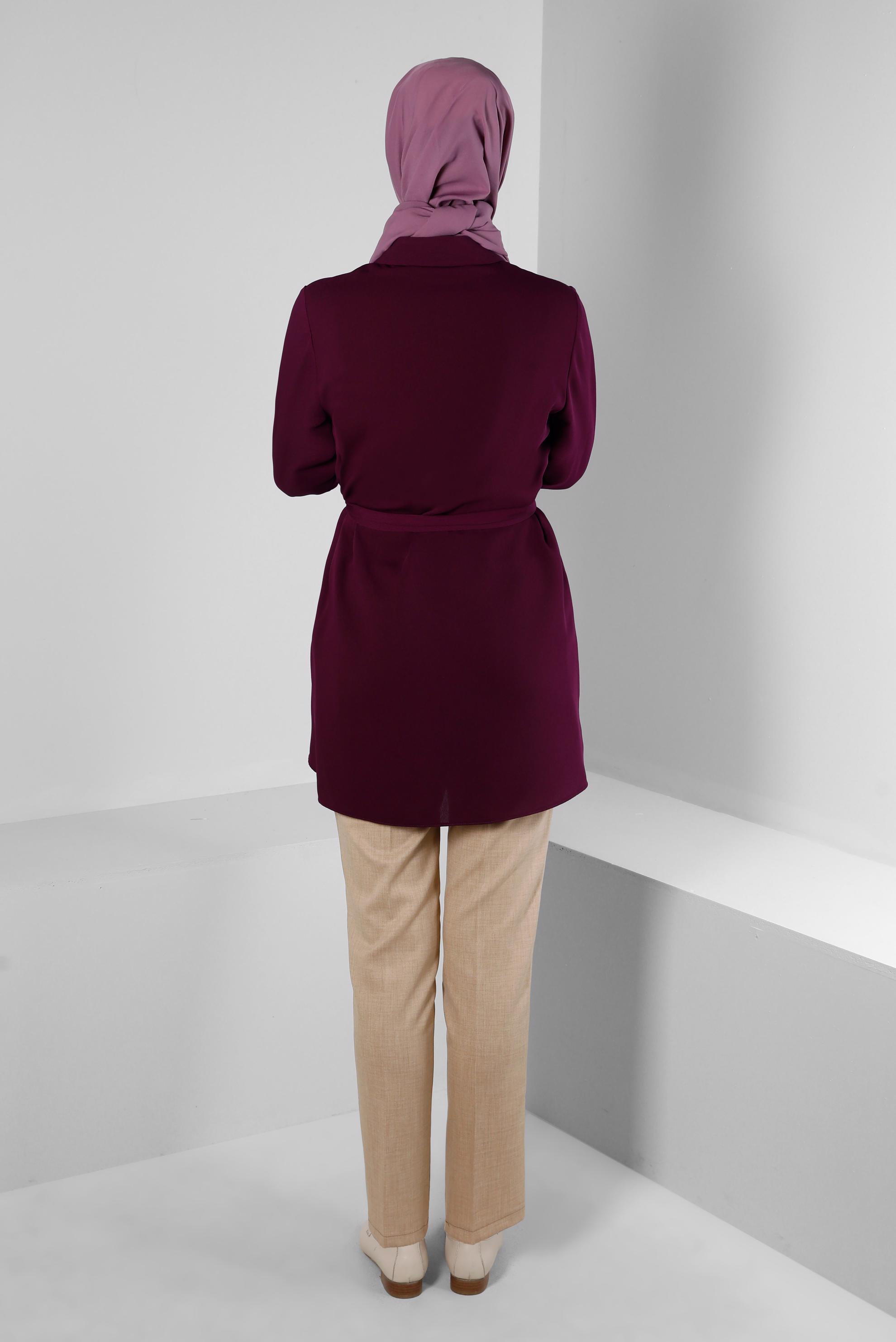 Tesettür giyim MÜRDÜM KUŞAKLI ASİMETRİK KESİM GÖMLEK TUNİK 43671