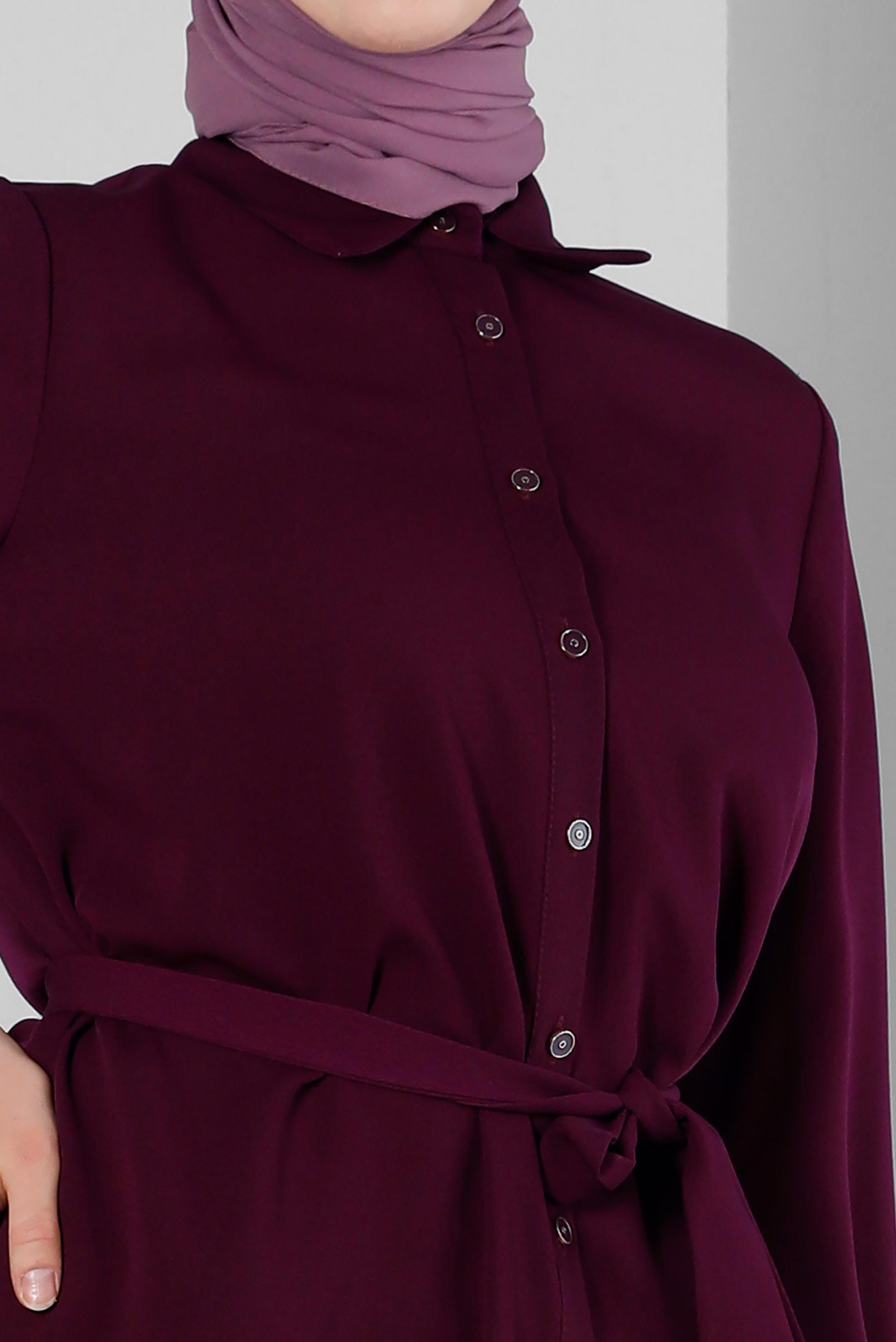 Tesettür giyim MÜRDÜM KUŞAKLI ASİMETRİK KESİM GÖMLEK TUNİK 43671