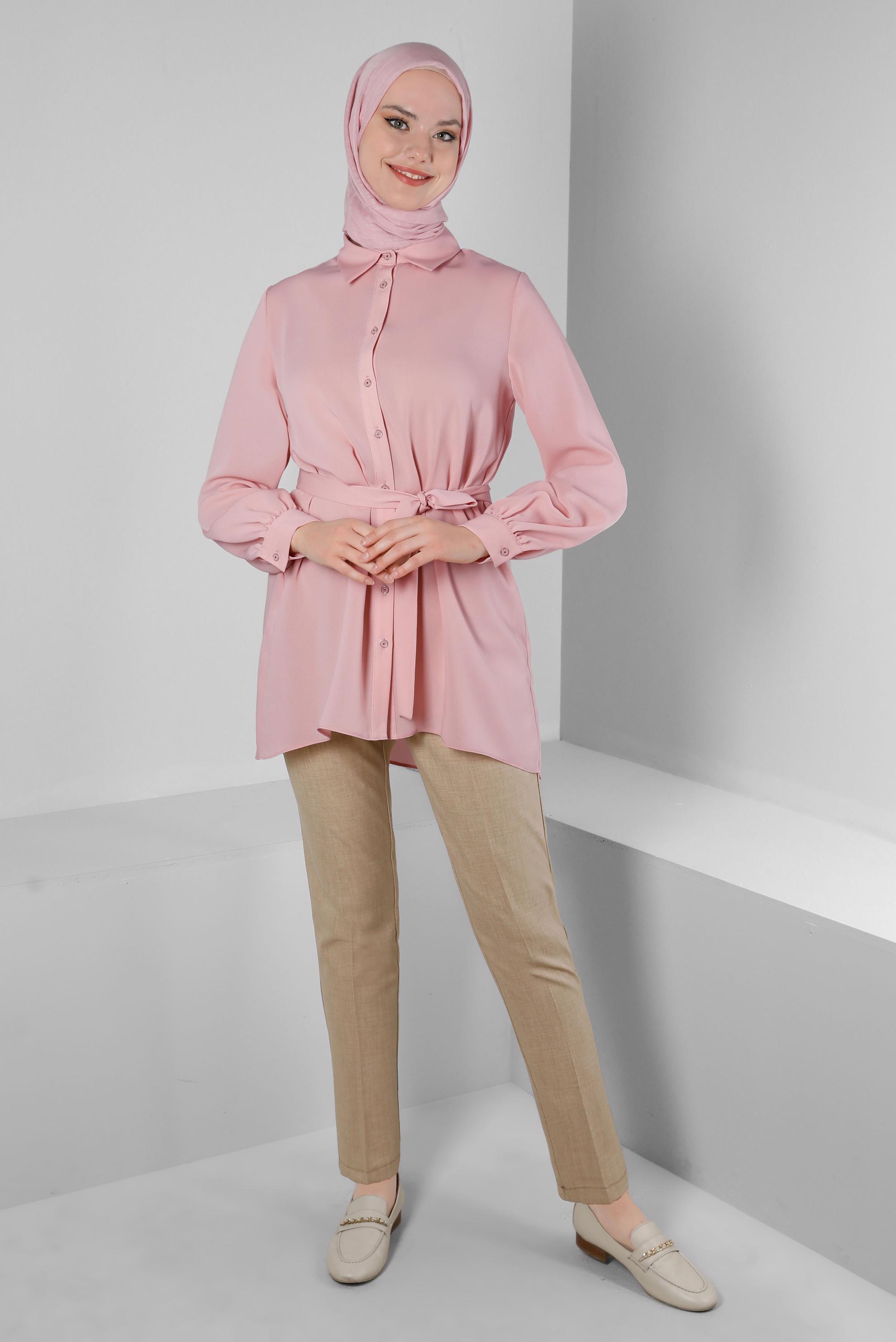 Tesettür giyim PUDRA KUŞAKLI ASİMETRİK KESİM GÖMLEK TUNİK 43671