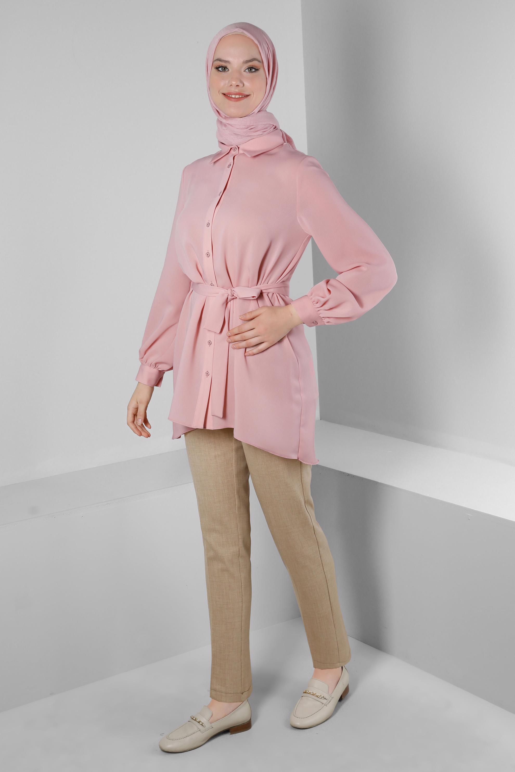 Tesettür giyim PUDRA KUŞAKLI ASİMETRİK KESİM GÖMLEK TUNİK 43671