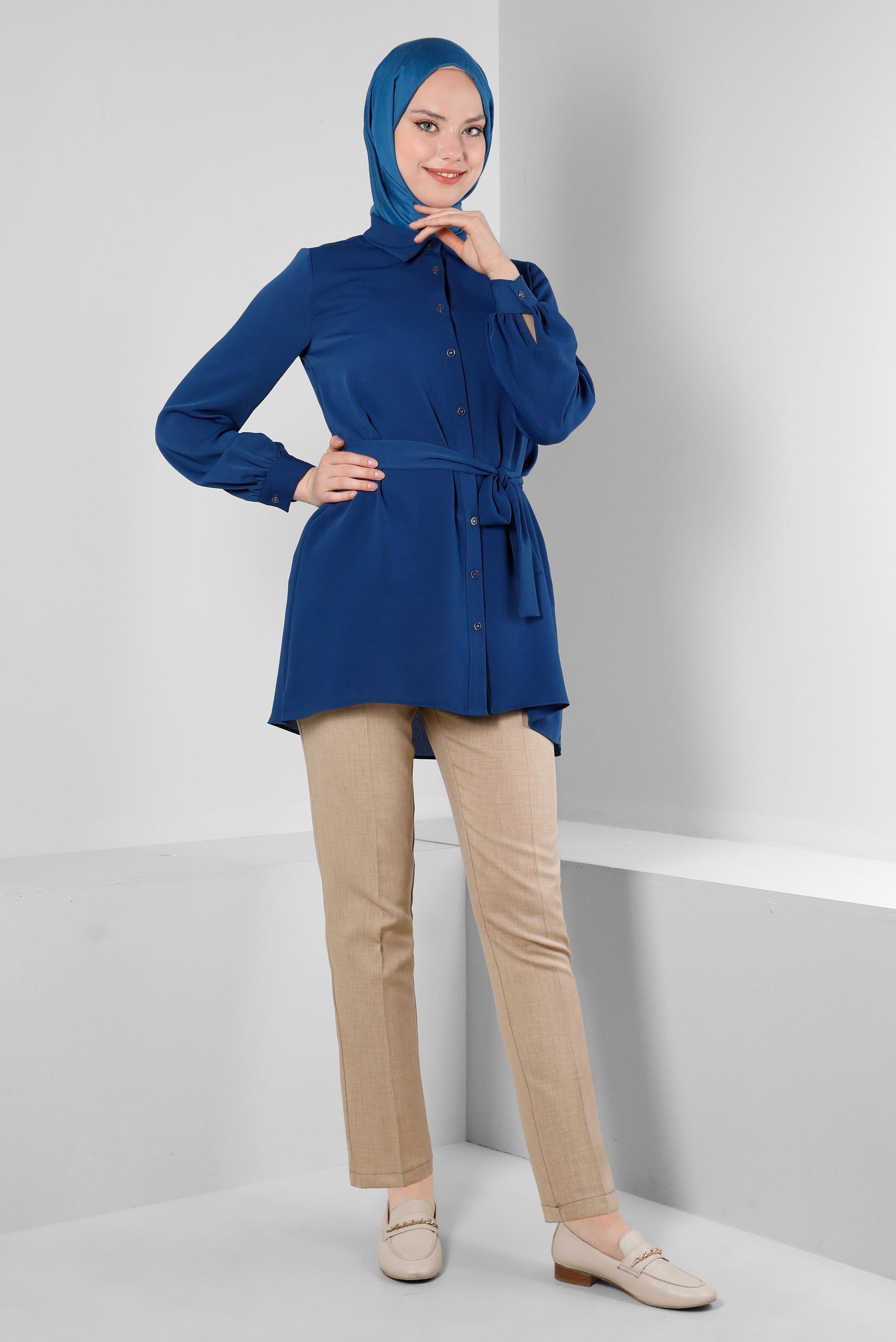 Tesettür giyim LACİVERT KUŞAKLI ASİMETRİK KESİM GÖMLEK TUNİK 43671