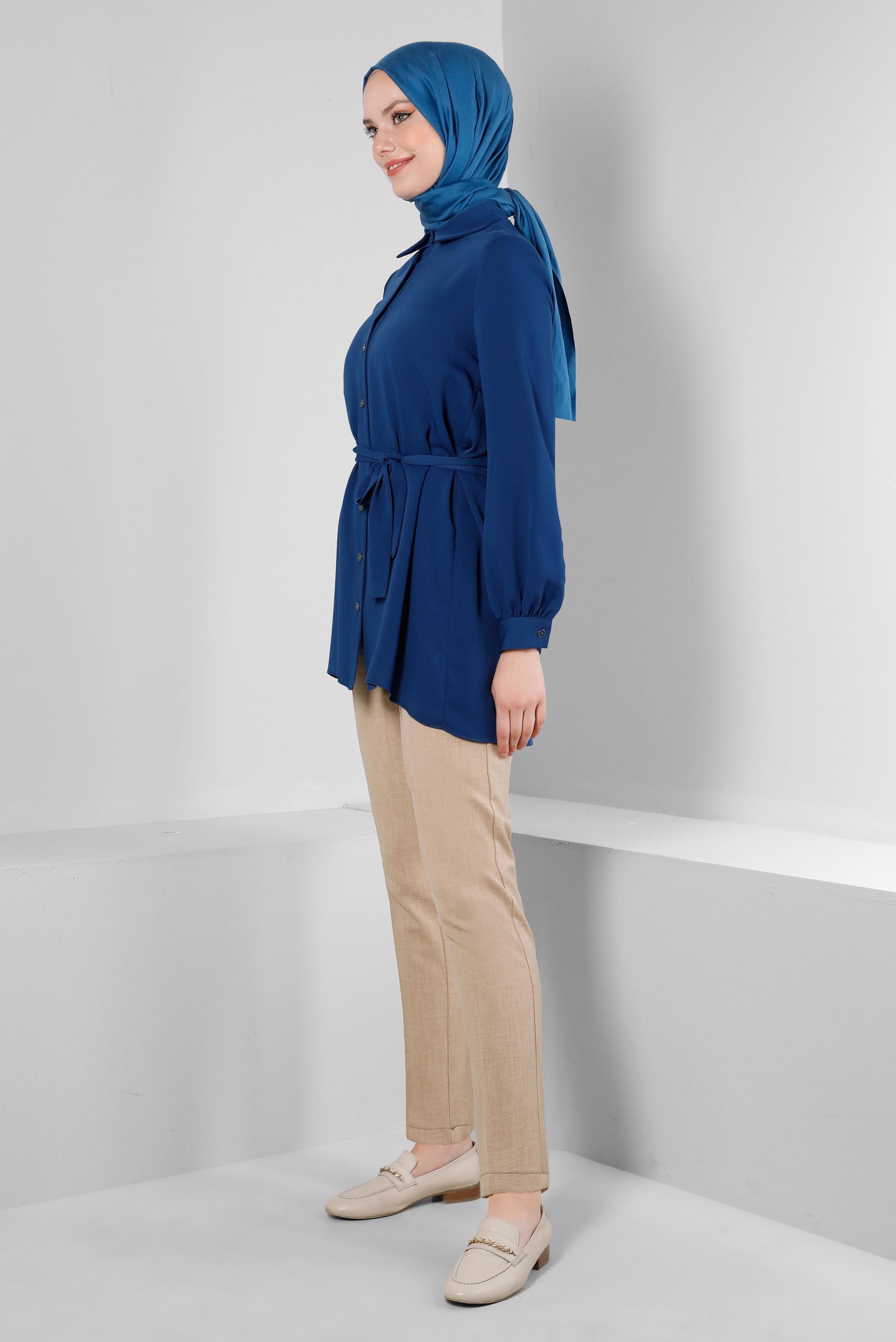 Tesettür giyim LACİVERT KUŞAKLI ASİMETRİK KESİM GÖMLEK TUNİK 43671