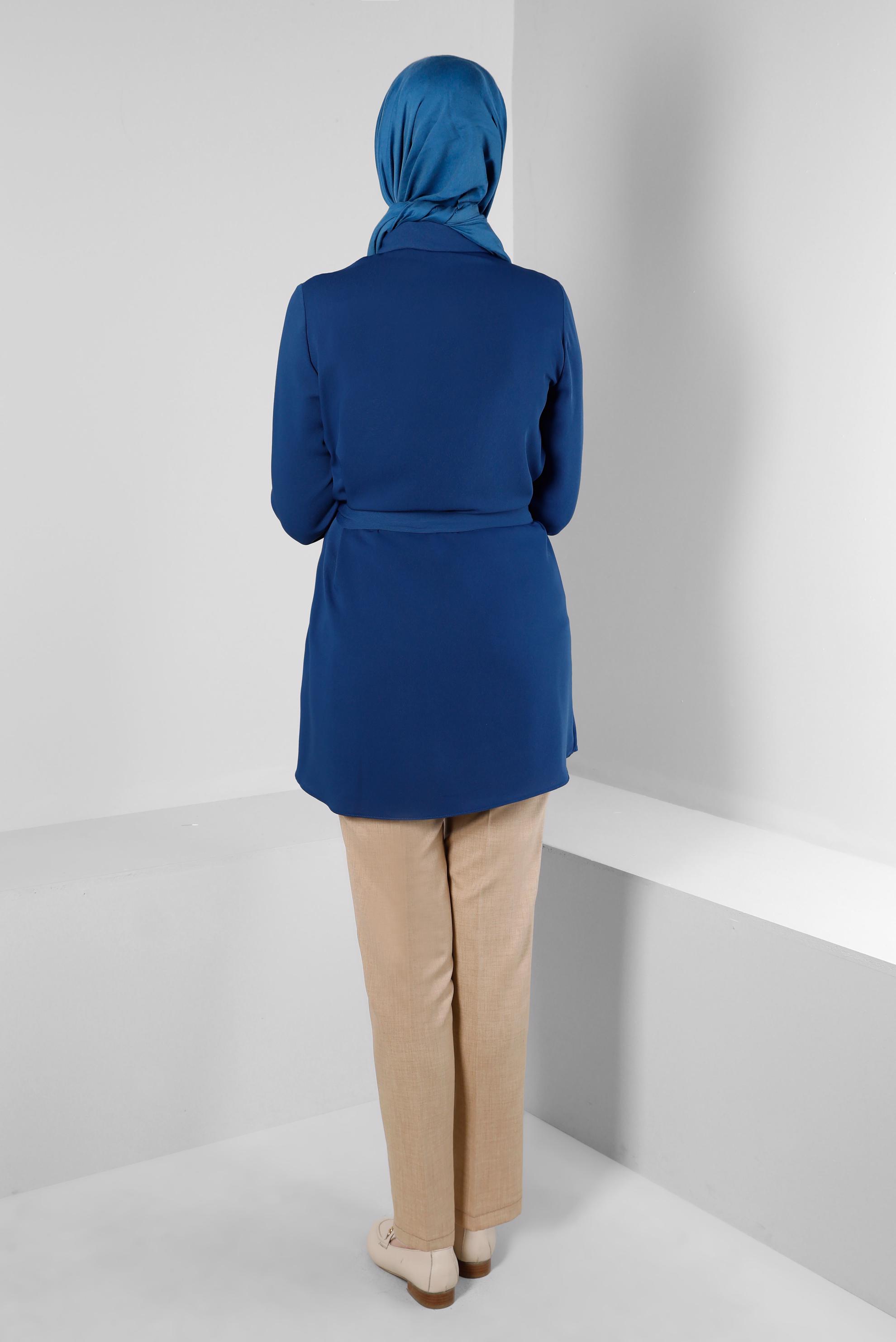 Tesettür giyim LACİVERT KUŞAKLI ASİMETRİK KESİM GÖMLEK TUNİK 43671