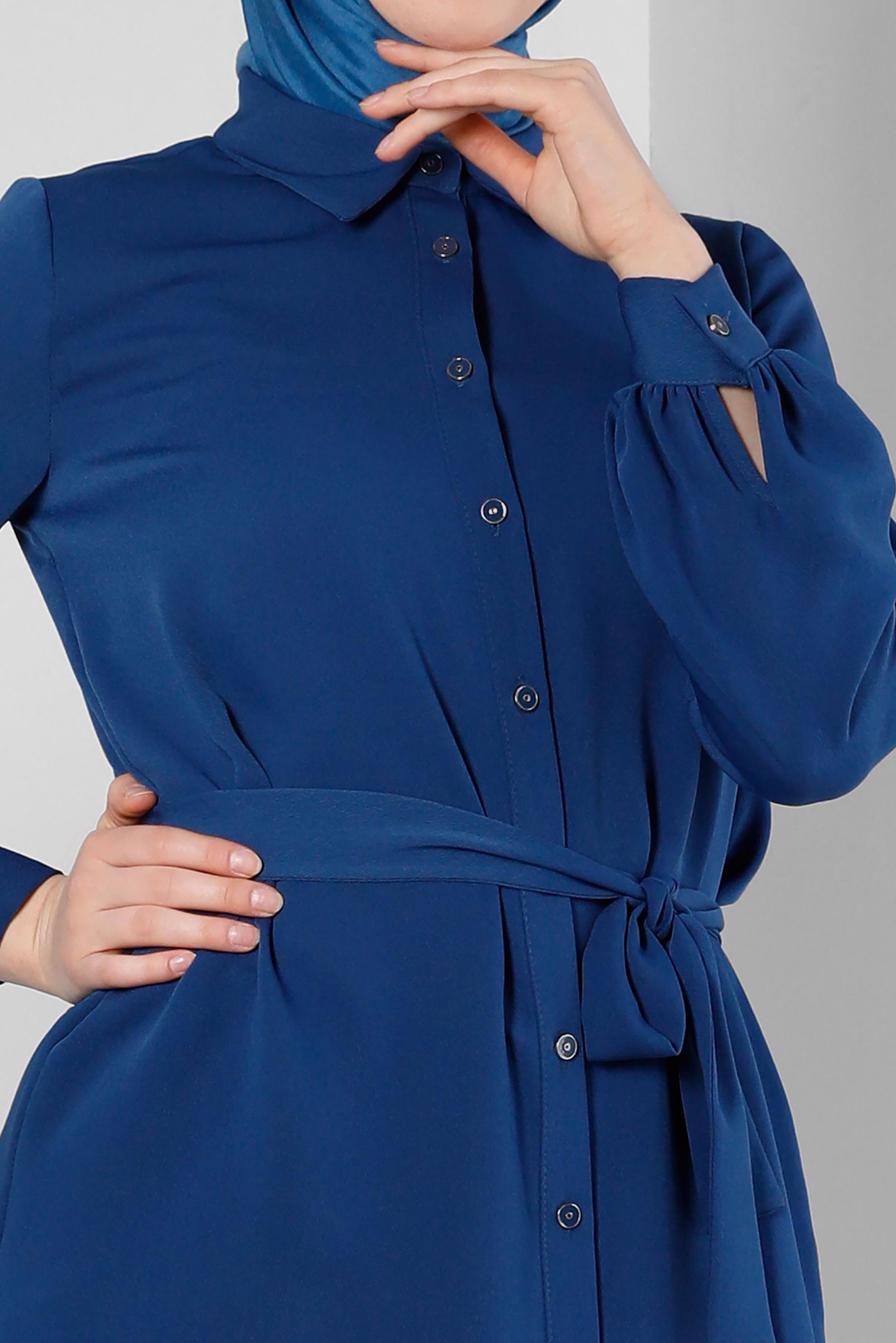 Tesettür giyim LACİVERT KUŞAKLI ASİMETRİK KESİM GÖMLEK TUNİK 43671