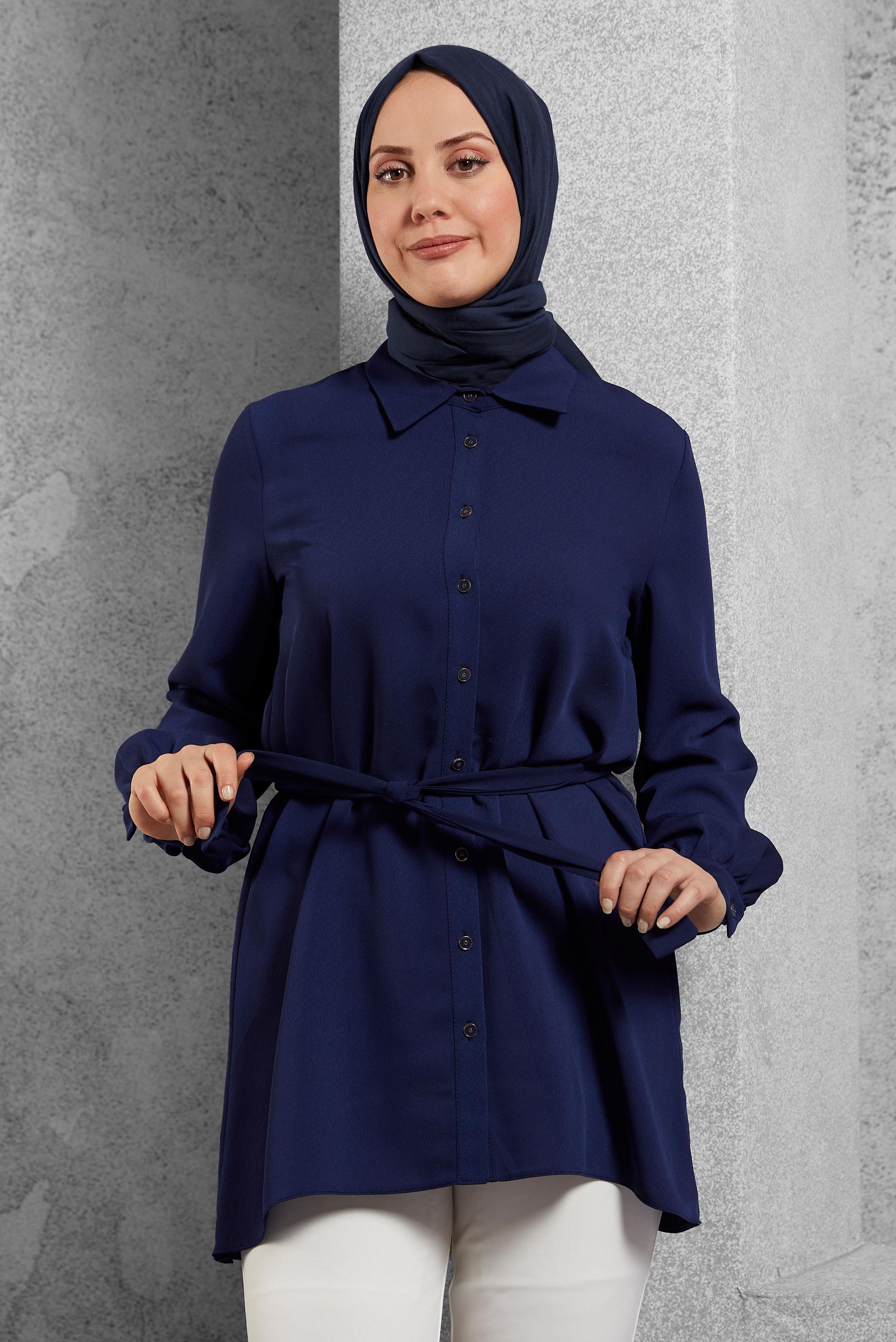 Tesettür giyim LACİVERT KUŞAKLI ASİMETRİK KESİM GÖMLEK TUNİK 43671