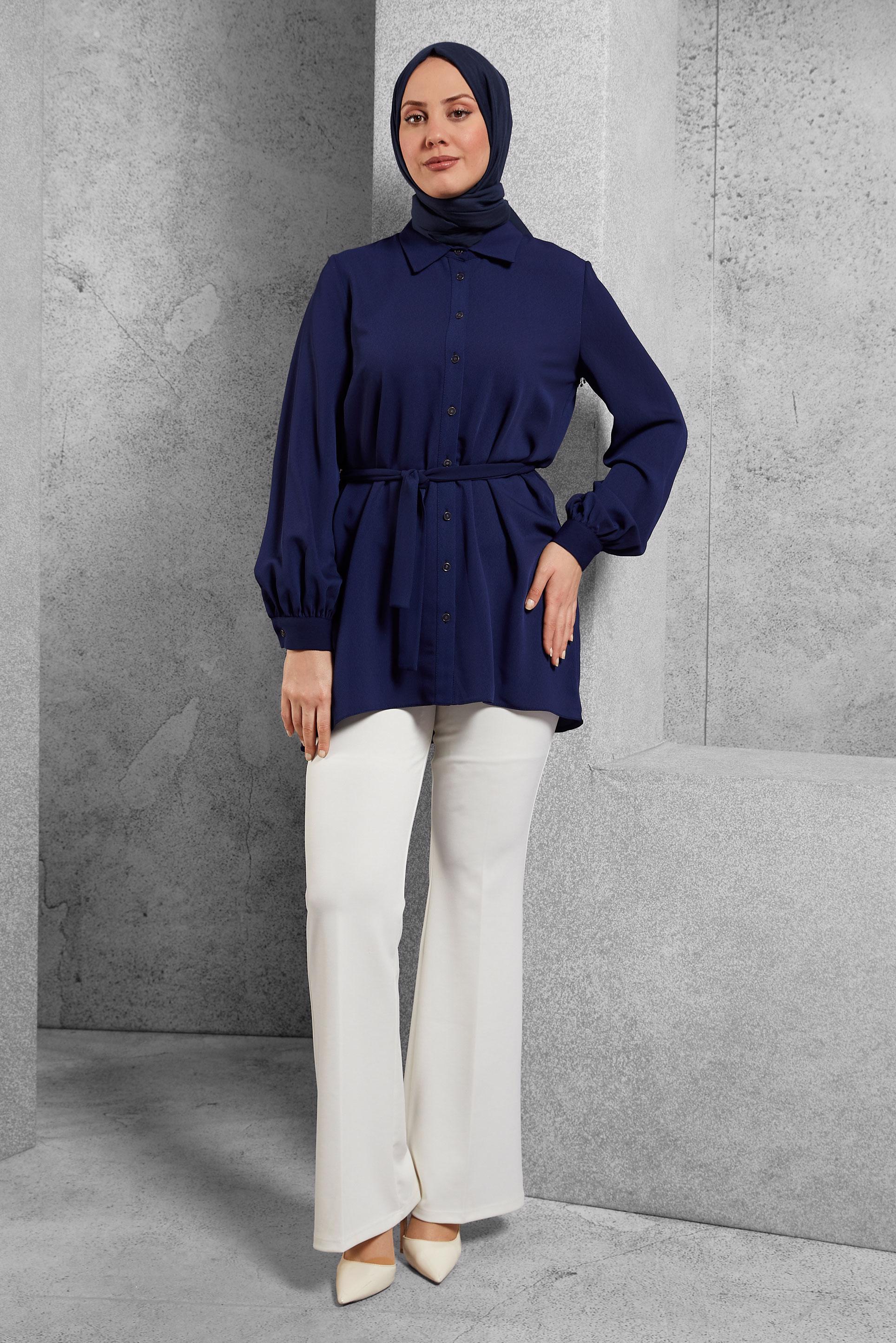 Tesettür giyim LACİVERT KUŞAKLI ASİMETRİK KESİM GÖMLEK TUNİK 43671