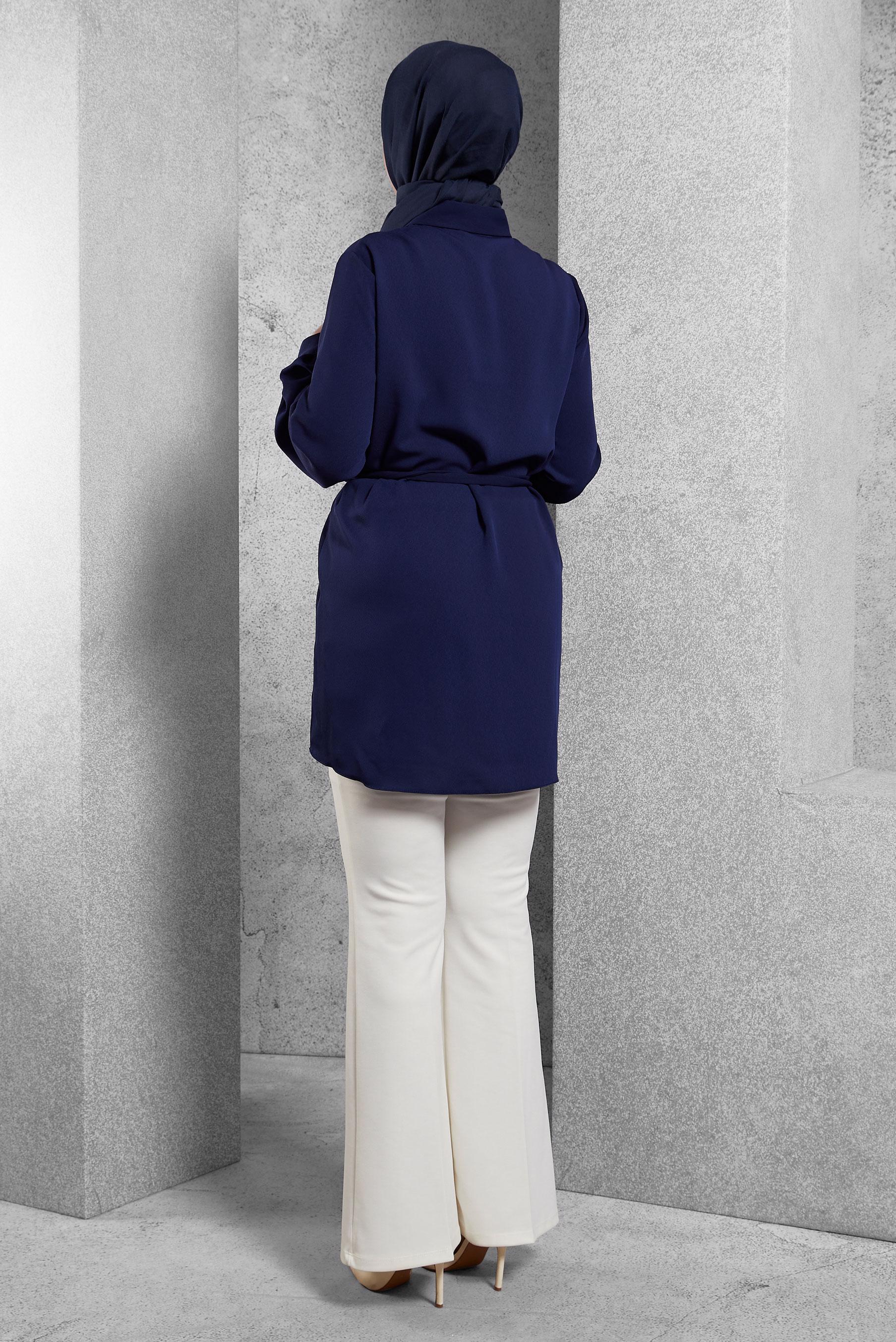 Tesettür giyim LACİVERT KUŞAKLI ASİMETRİK KESİM GÖMLEK TUNİK 43671