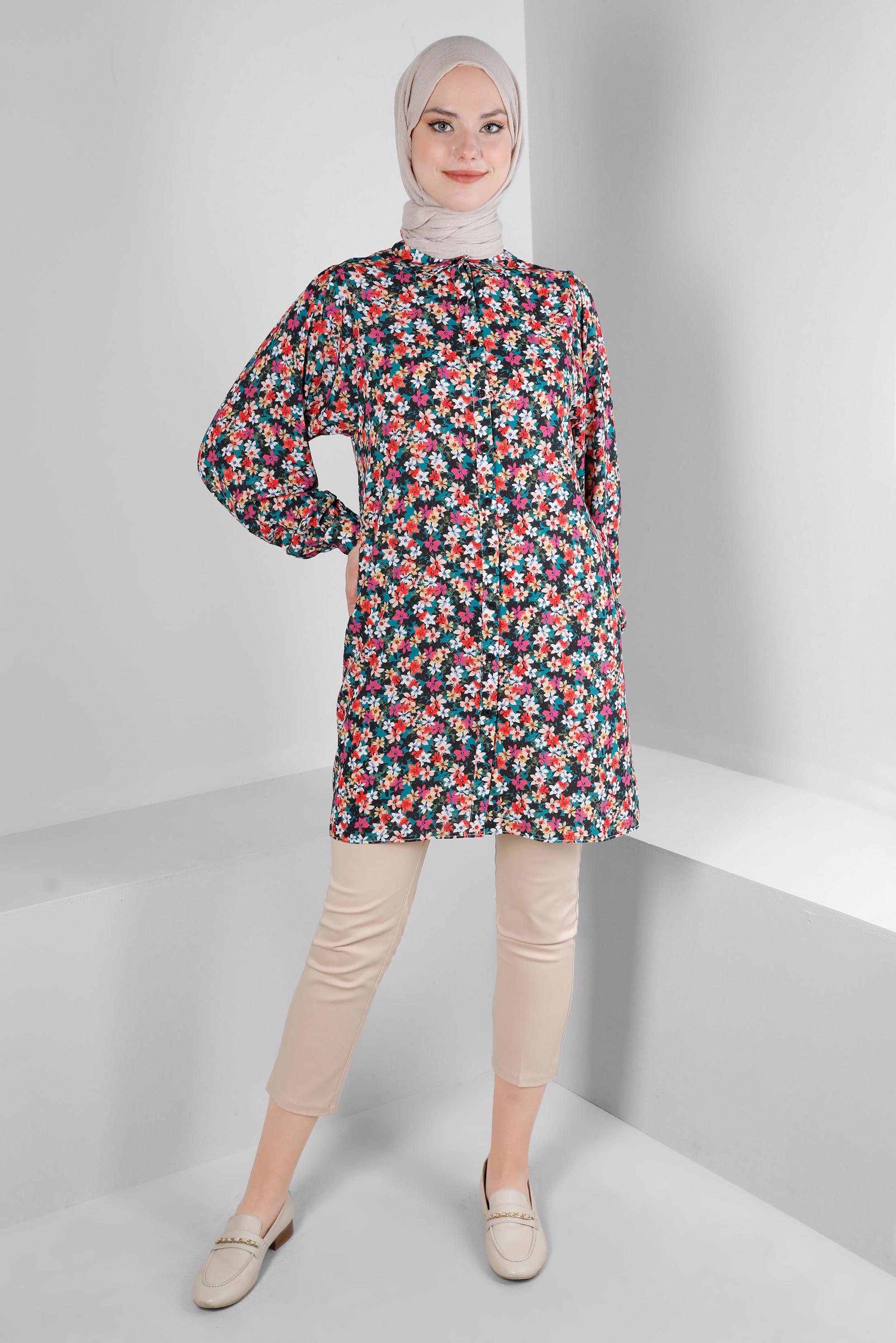 Tesettür giyim YEŞİL ÇİÇEK DESENLİ GÖMLEK TUNİK 43672