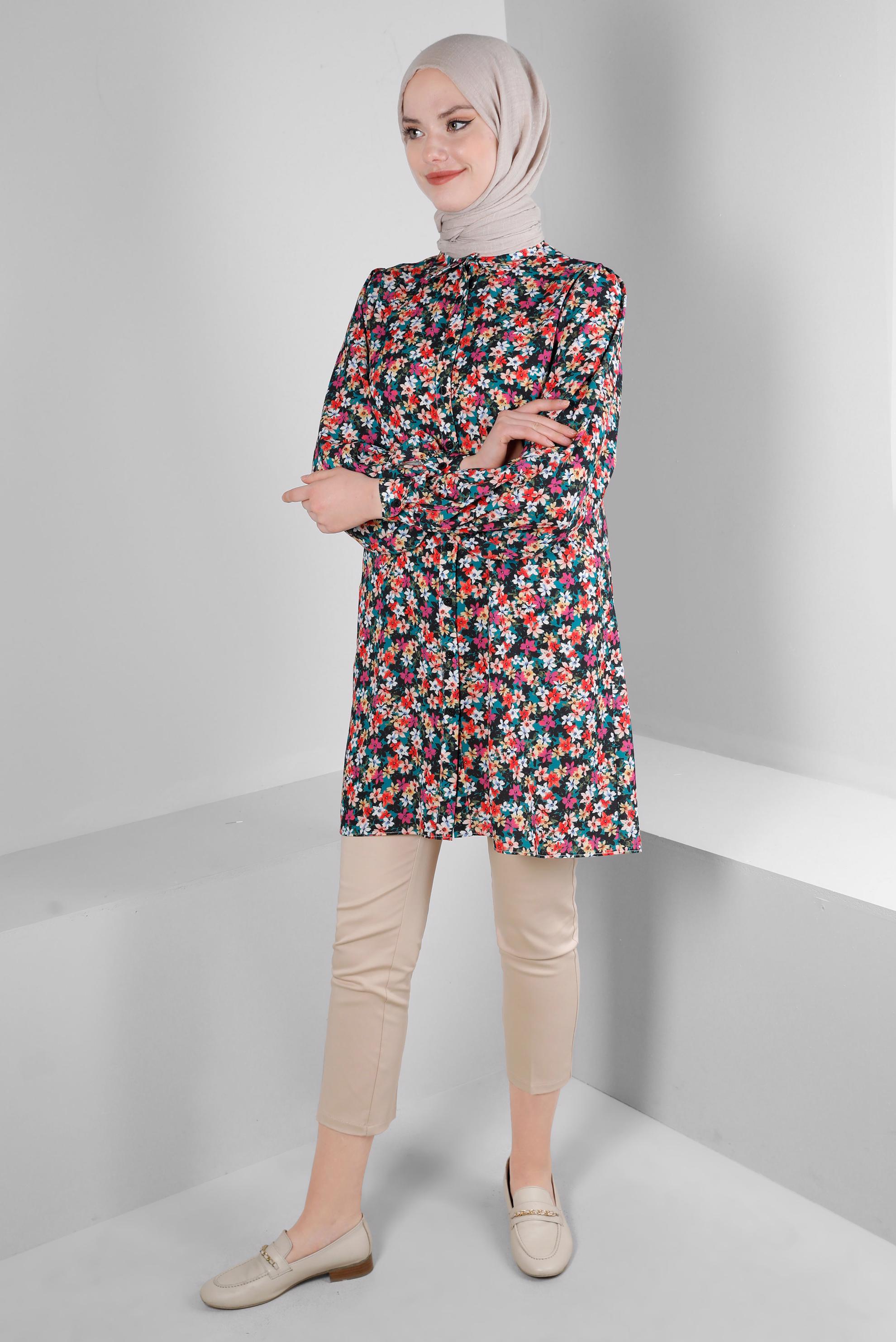 Tesettür giyim YEŞİL ÇİÇEK DESENLİ GÖMLEK TUNİK 43672
