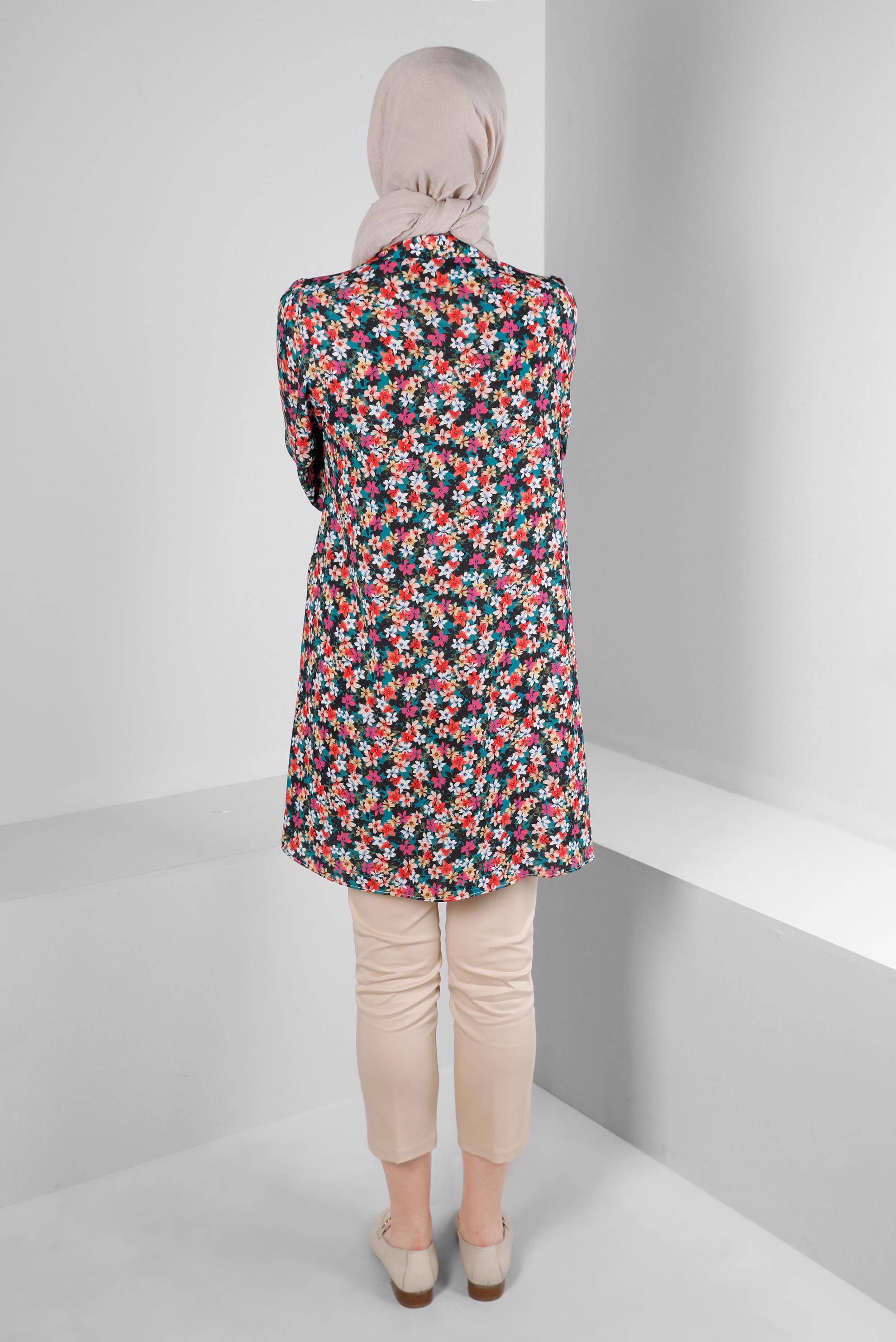 Tesettür giyim YEŞİL ÇİÇEK DESENLİ GÖMLEK TUNİK 43672