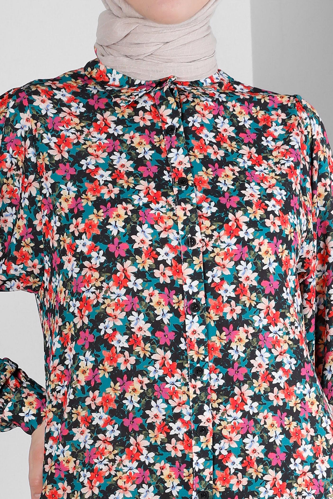 Tesettür giyim YEŞİL ÇİÇEK DESENLİ GÖMLEK TUNİK 43672