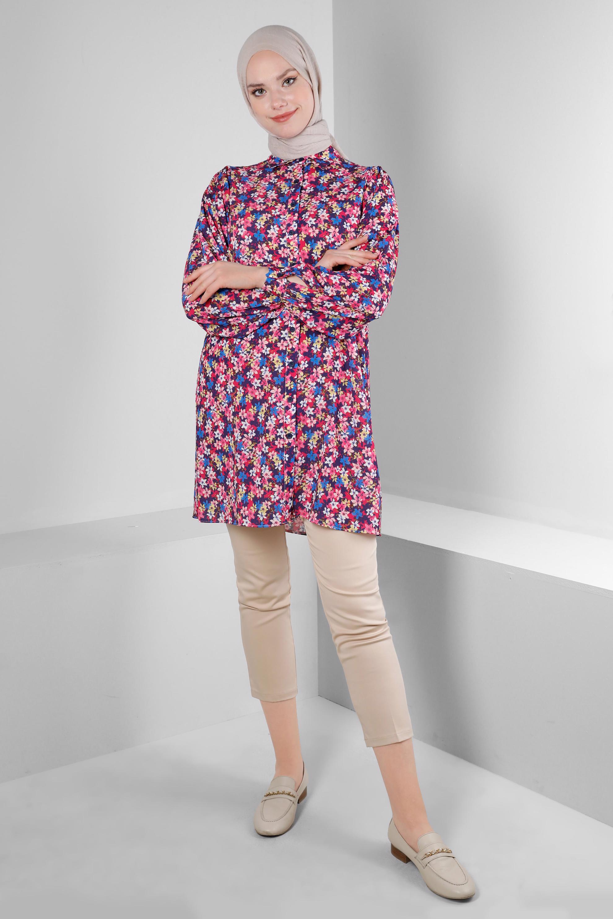 Tesettür giyim FUŞYA ÇİÇEK DESENLİ GÖMLEK TUNİK 43672