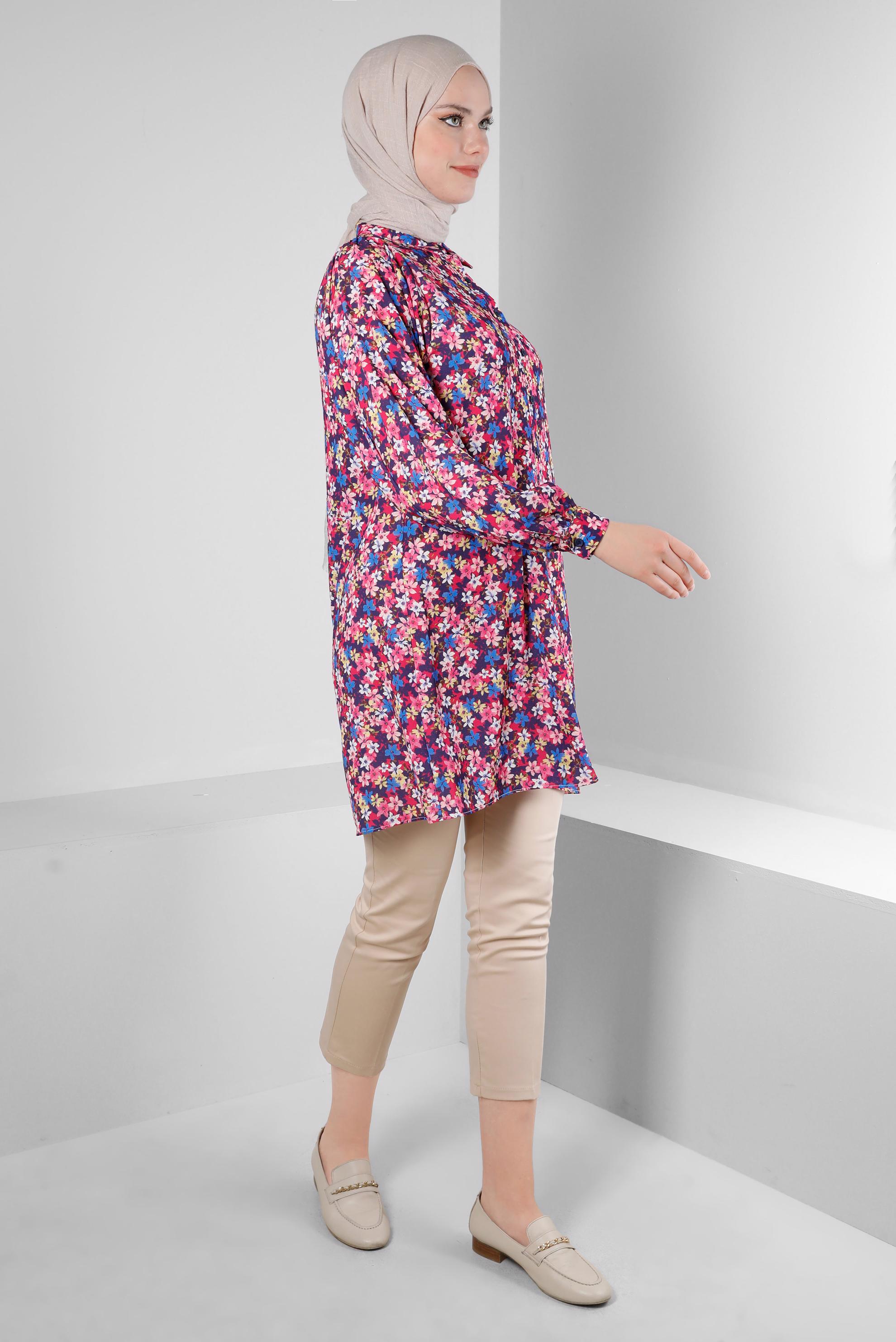 Tesettür giyim FUŞYA ÇİÇEK DESENLİ GÖMLEK TUNİK 43672