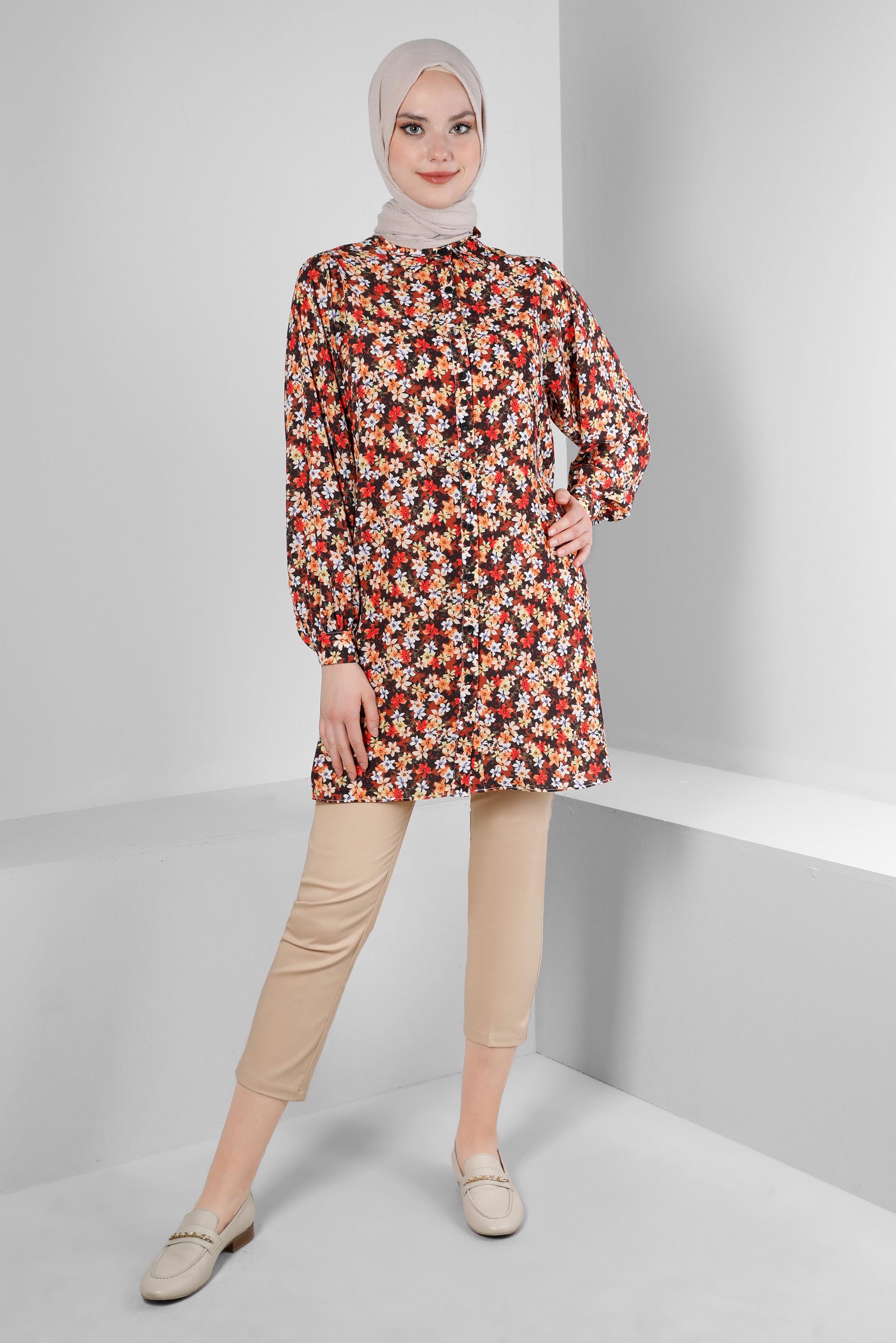 Tesettür giyim TABA ÇİÇEK DESENLİ GÖMLEK TUNİK 43672