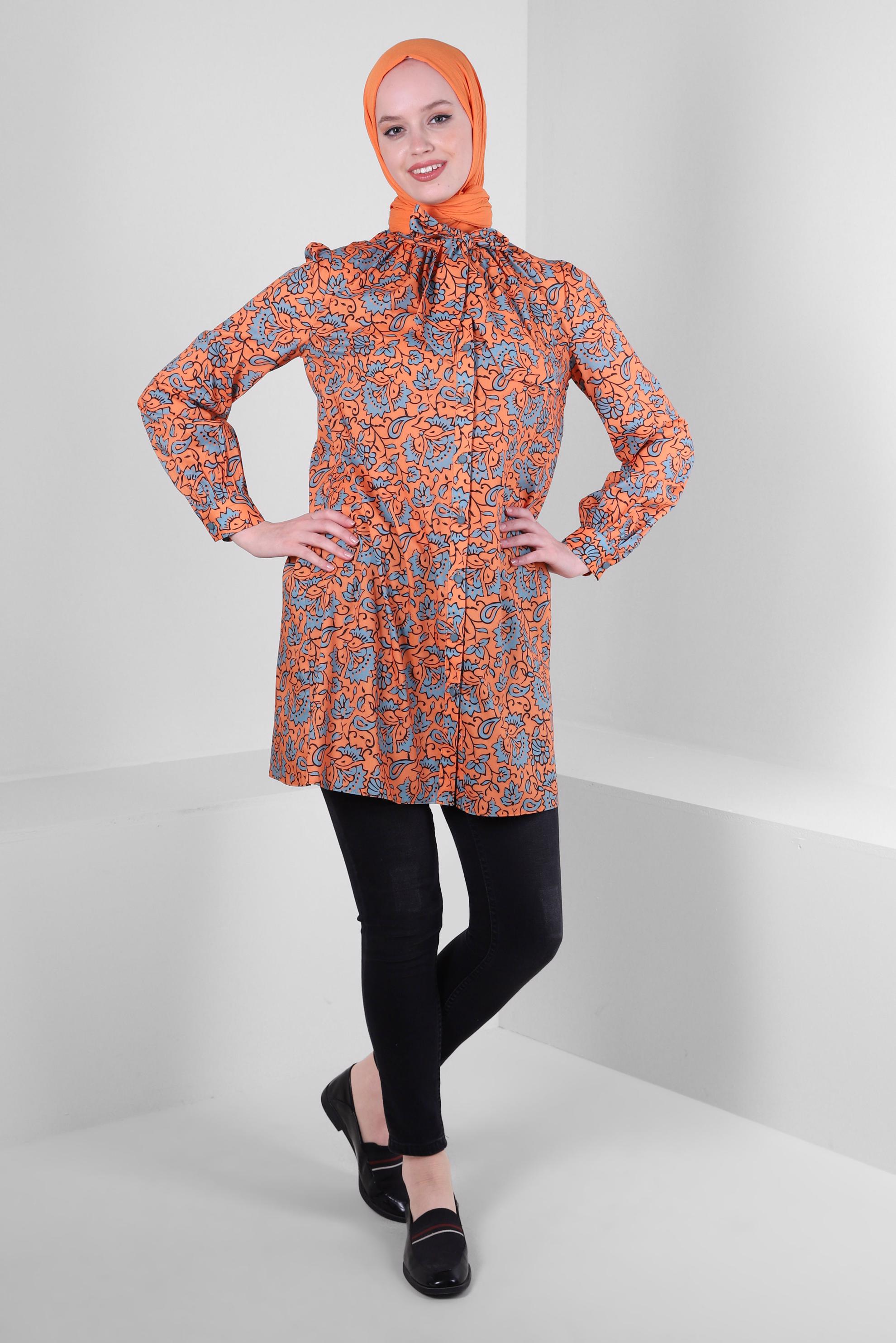 Tesettür giyim TURUNCU DESENLİ FULAR YAKA GÖMLEK TUNİK 43673