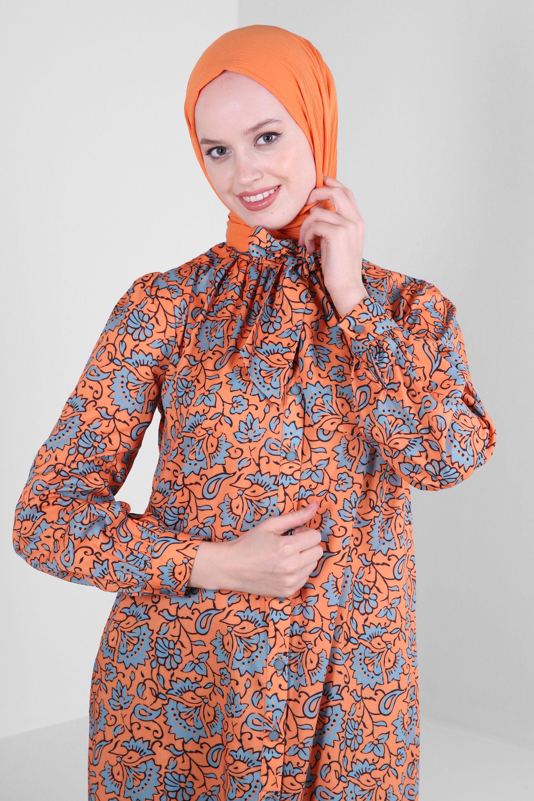 Tesettür giyim TURUNCU DESENLİ FULAR YAKA GÖMLEK TUNİK 43673
