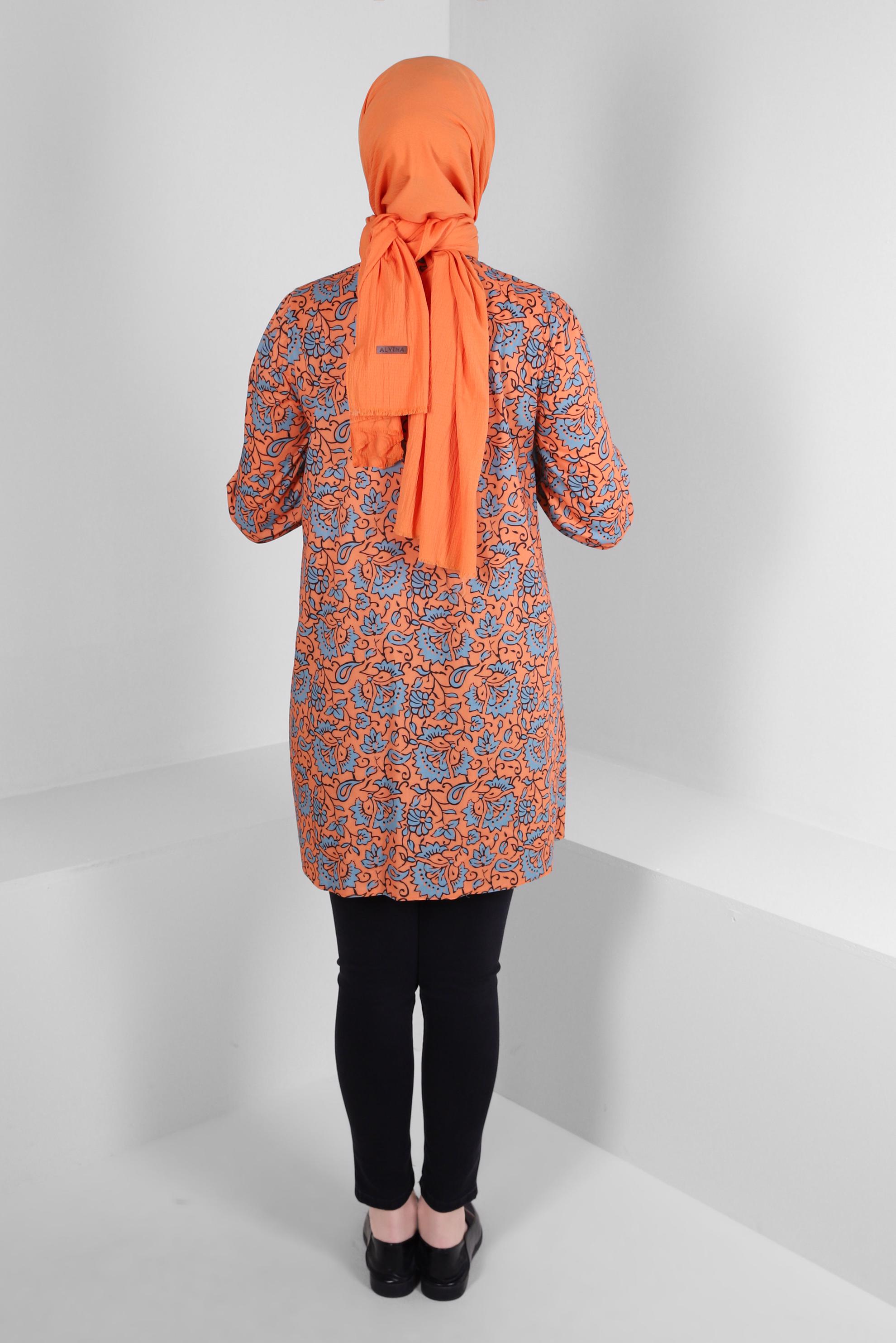 Tesettür giyim TURUNCU DESENLİ FULAR YAKA GÖMLEK TUNİK 43673