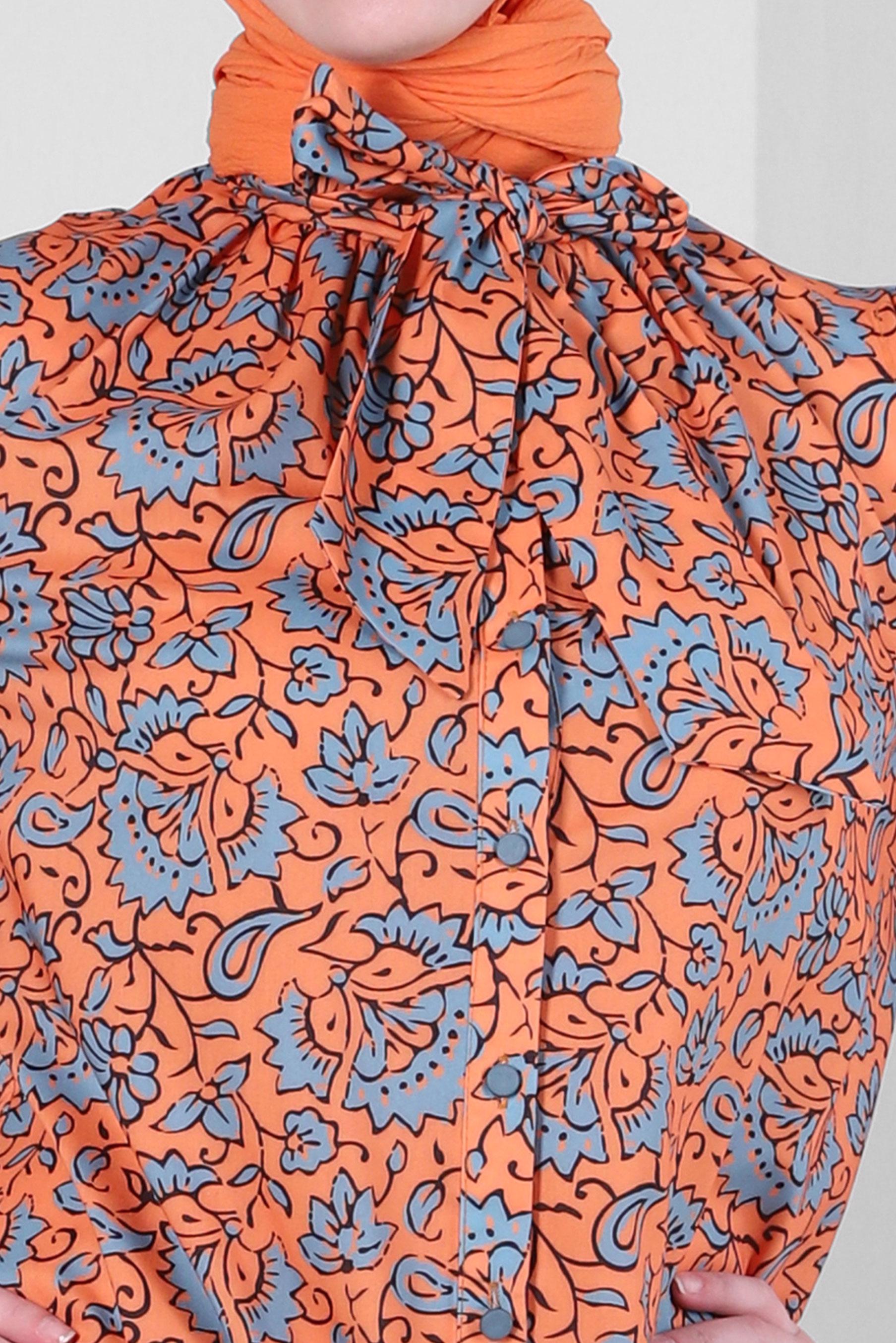 Tesettür giyim TURUNCU DESENLİ FULAR YAKA GÖMLEK TUNİK 43673