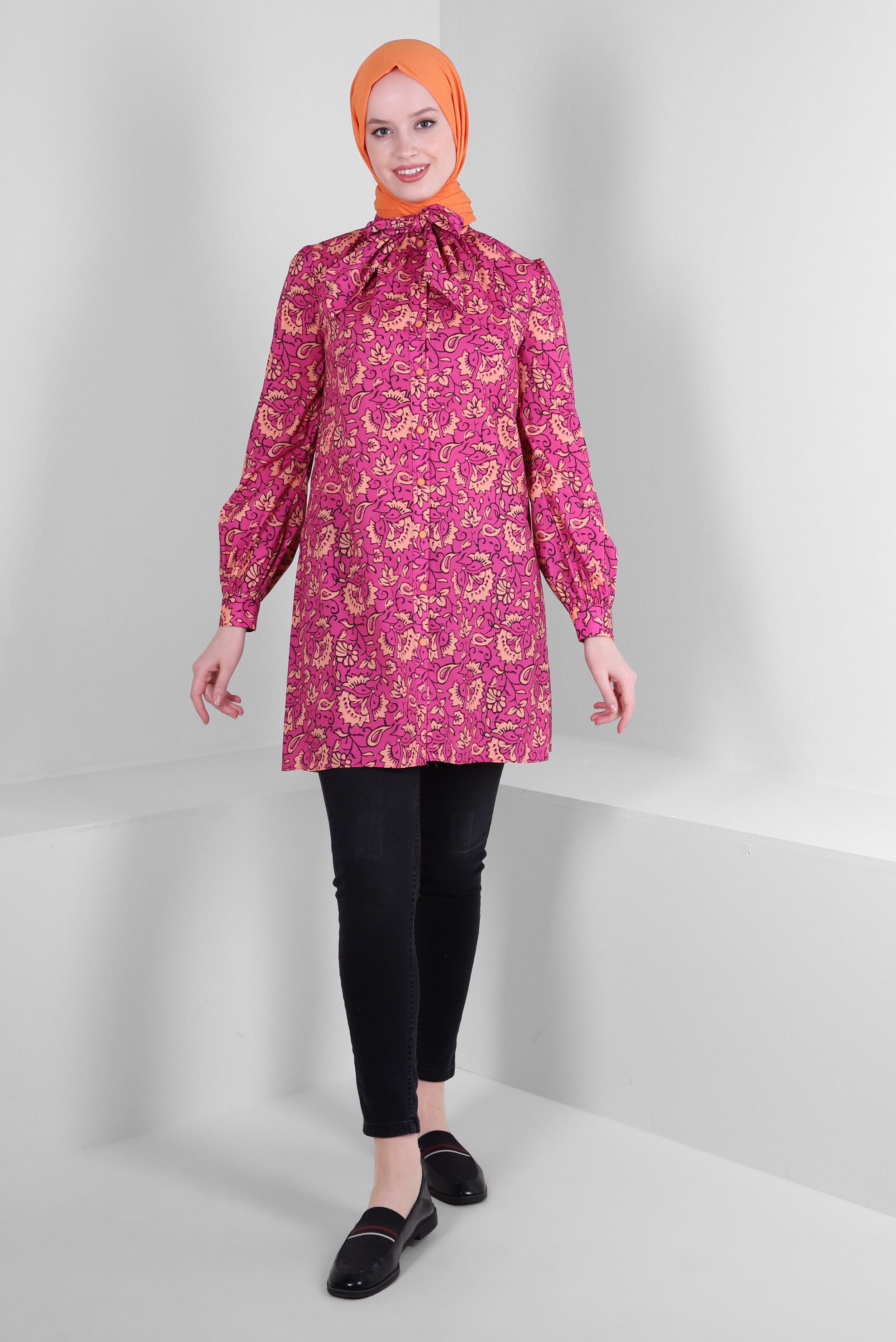 Tesettür giyim FUŞYA DESENLİ FULAR YAKA GÖMLEK TUNİK 43673