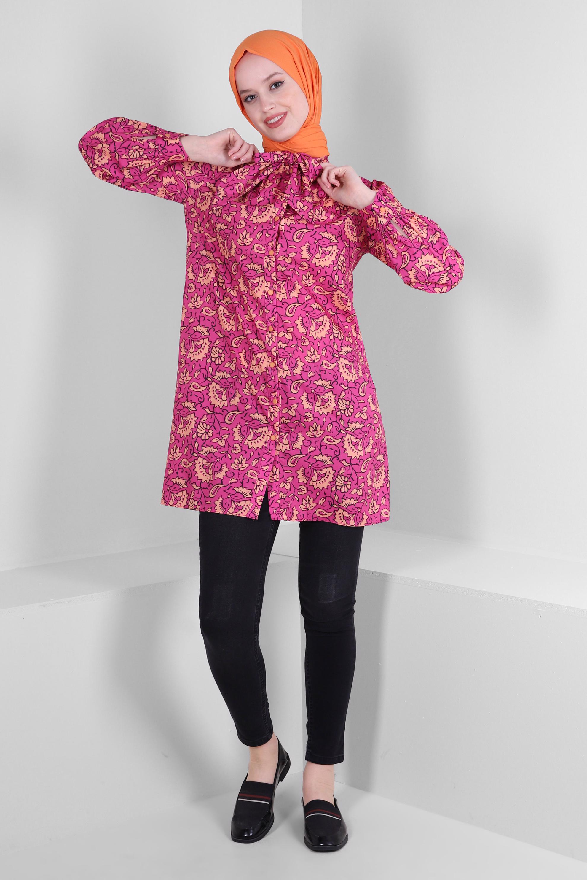 Tesettür giyim FUŞYA DESENLİ FULAR YAKA GÖMLEK TUNİK 43673