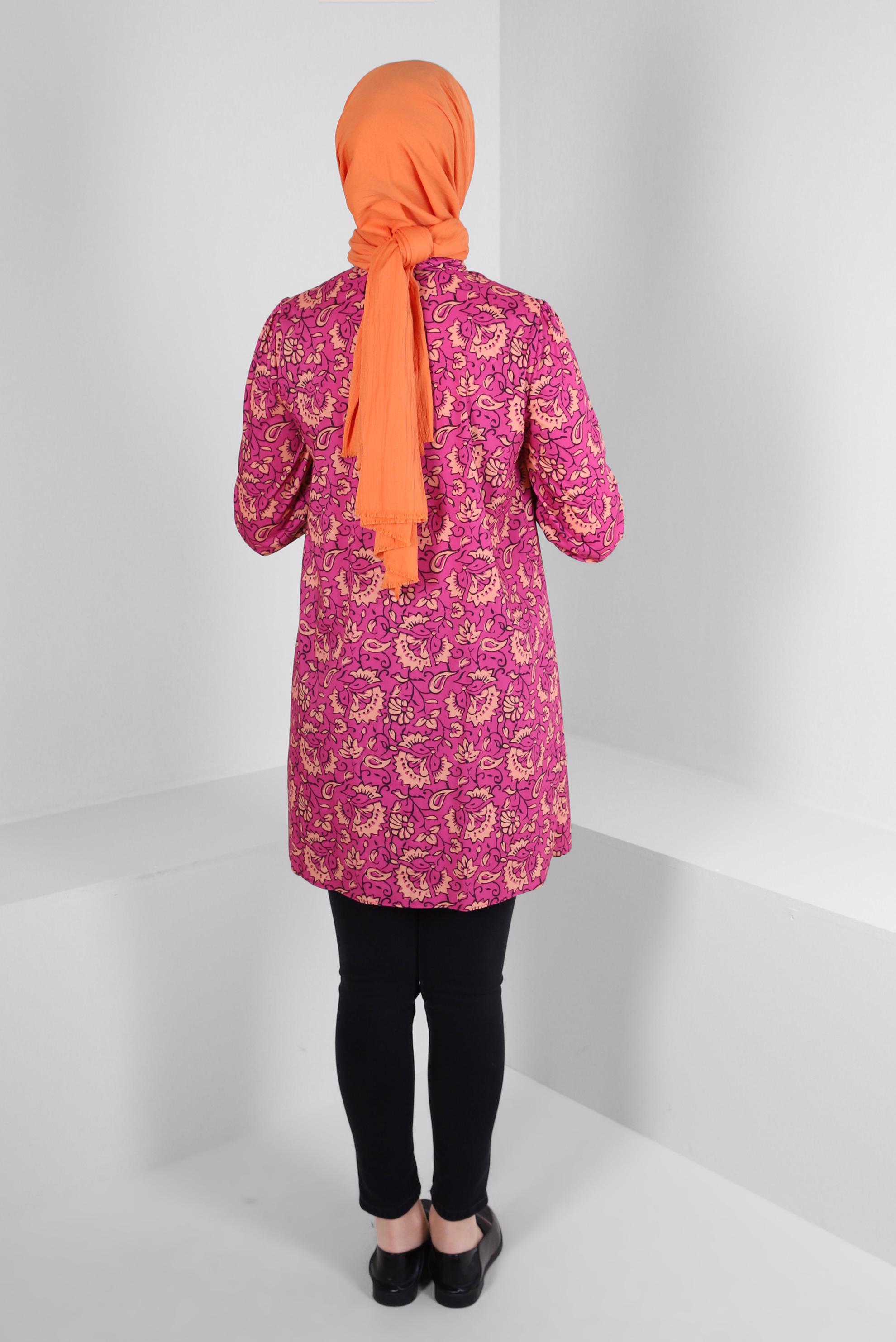 Tesettür giyim FUŞYA DESENLİ FULAR YAKA GÖMLEK TUNİK 43673