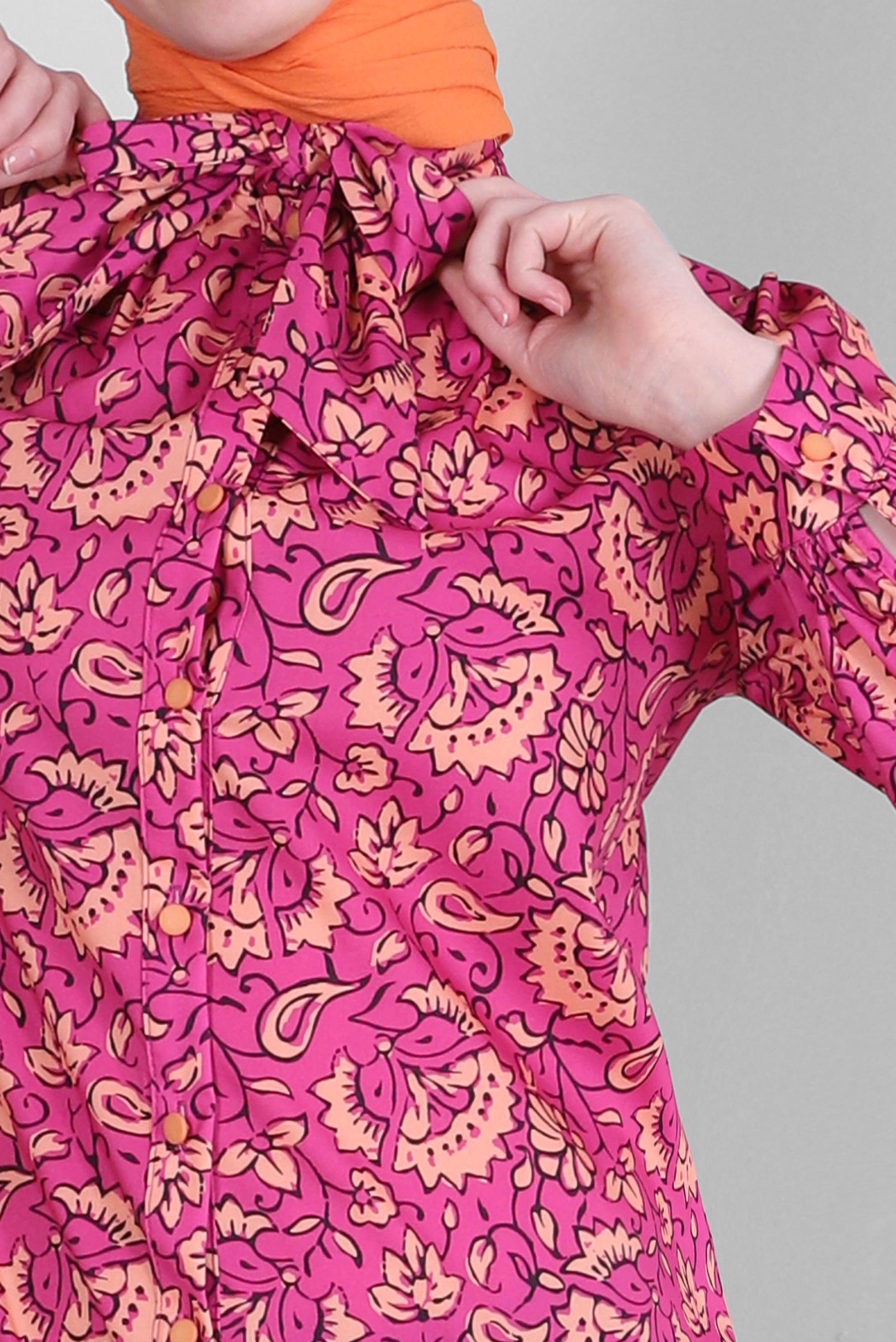 Tesettür giyim FUŞYA DESENLİ FULAR YAKA GÖMLEK TUNİK 43673