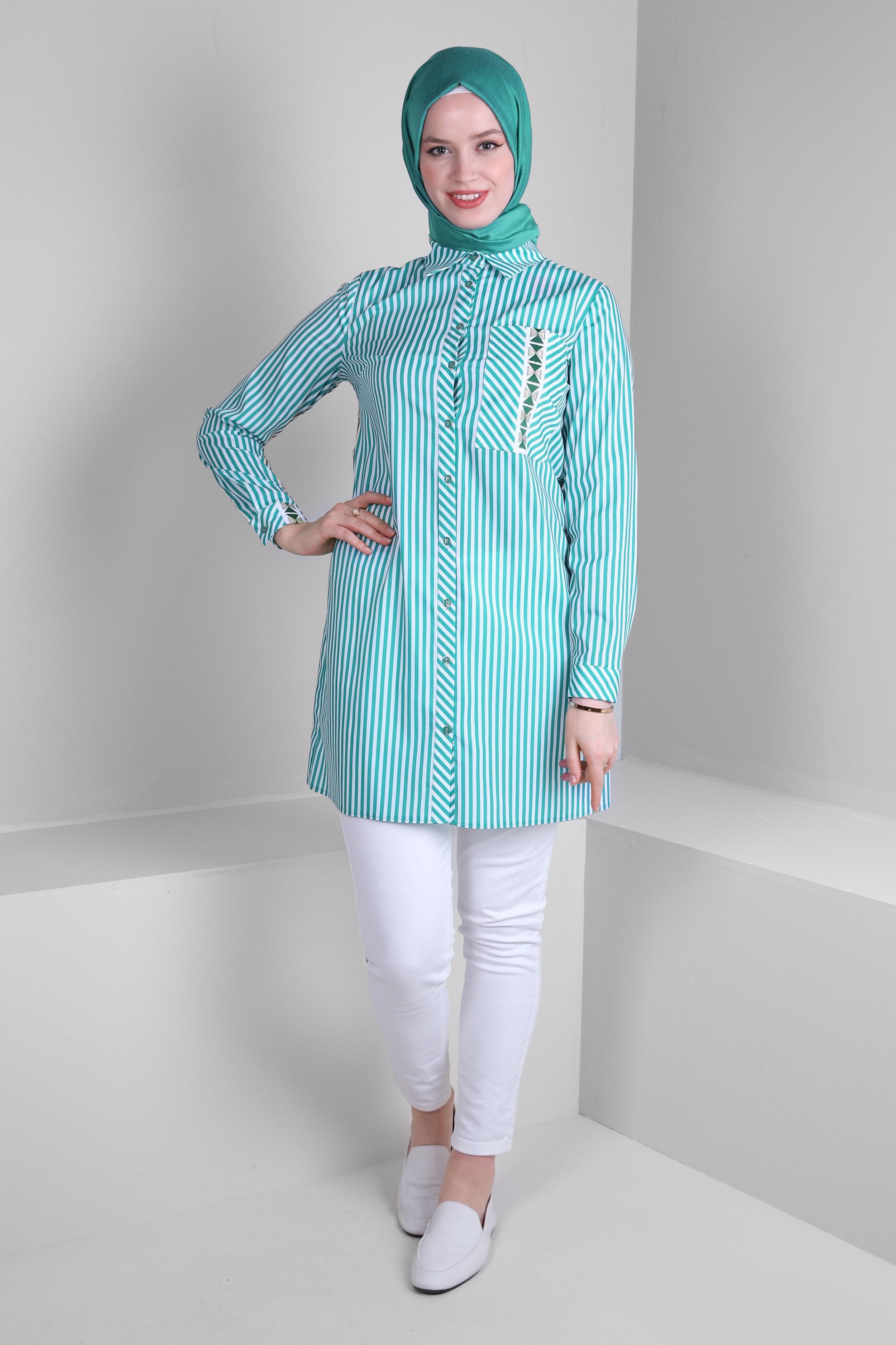 Tesettür giyim YEŞİL ÇİZGİLİ CEP DETAYLI GÖMLEK TUNİK 43674