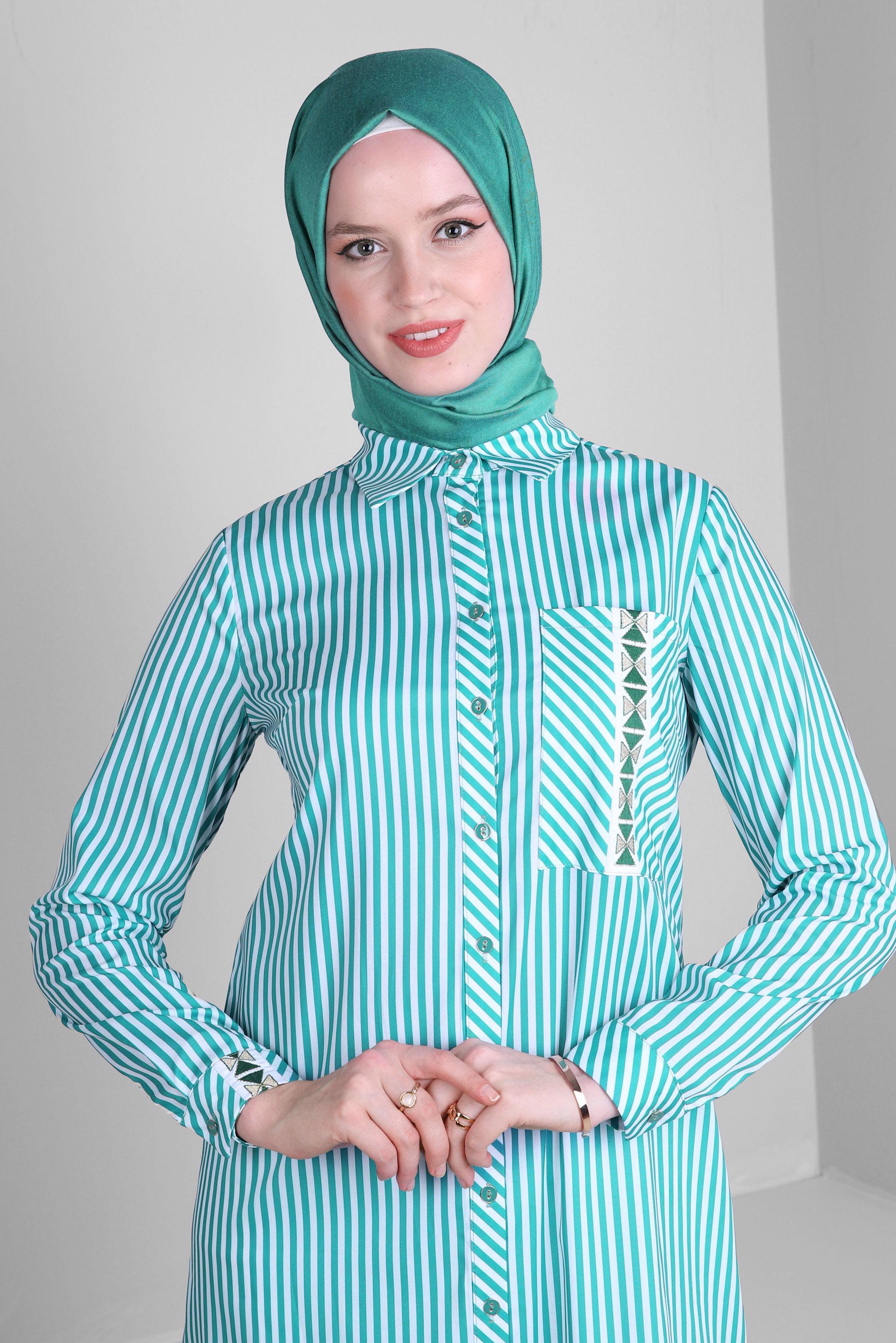 Tesettür giyim YEŞİL ÇİZGİLİ CEP DETAYLI GÖMLEK TUNİK 43674
