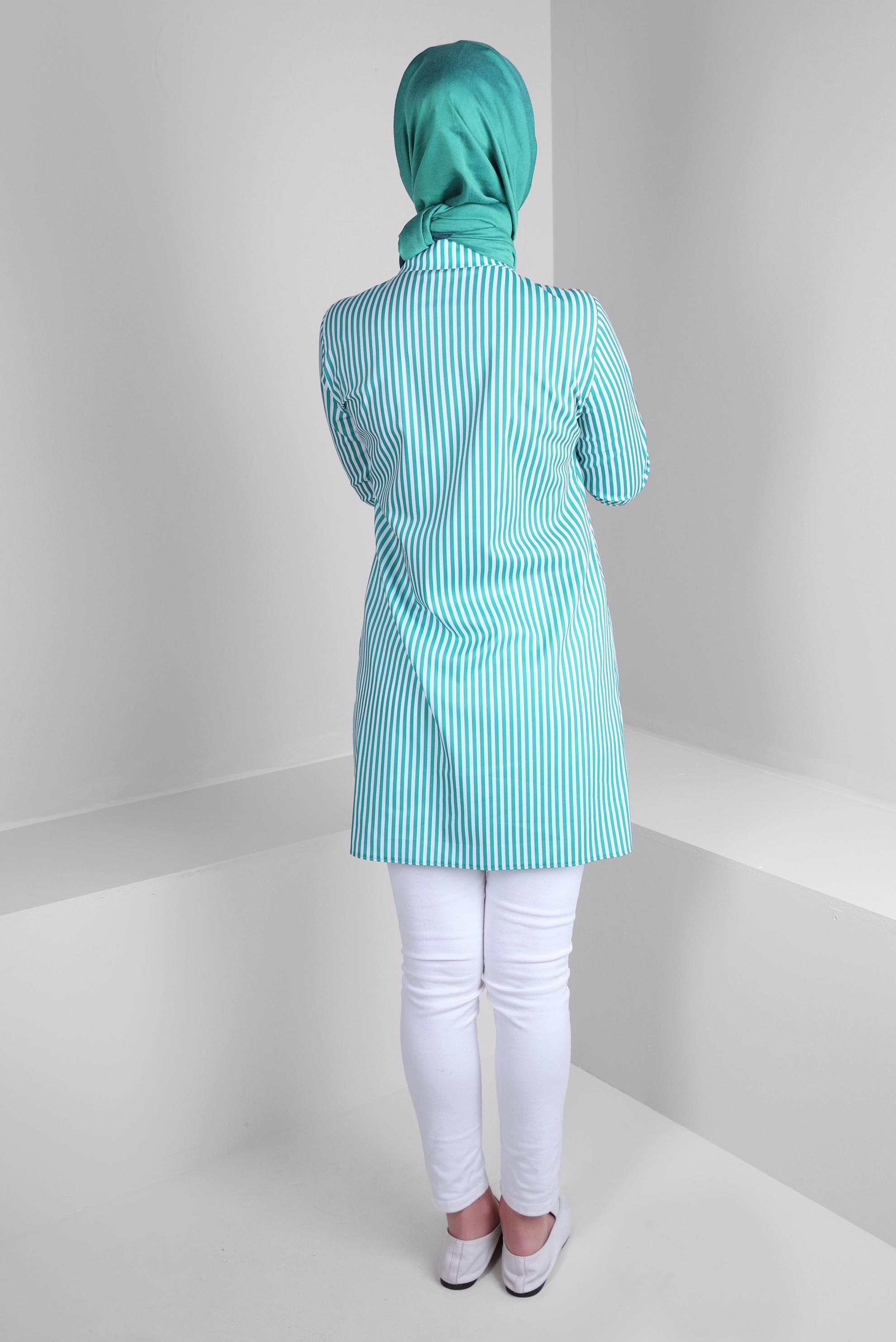 Tesettür giyim YEŞİL ÇİZGİLİ CEP DETAYLI GÖMLEK TUNİK 43674