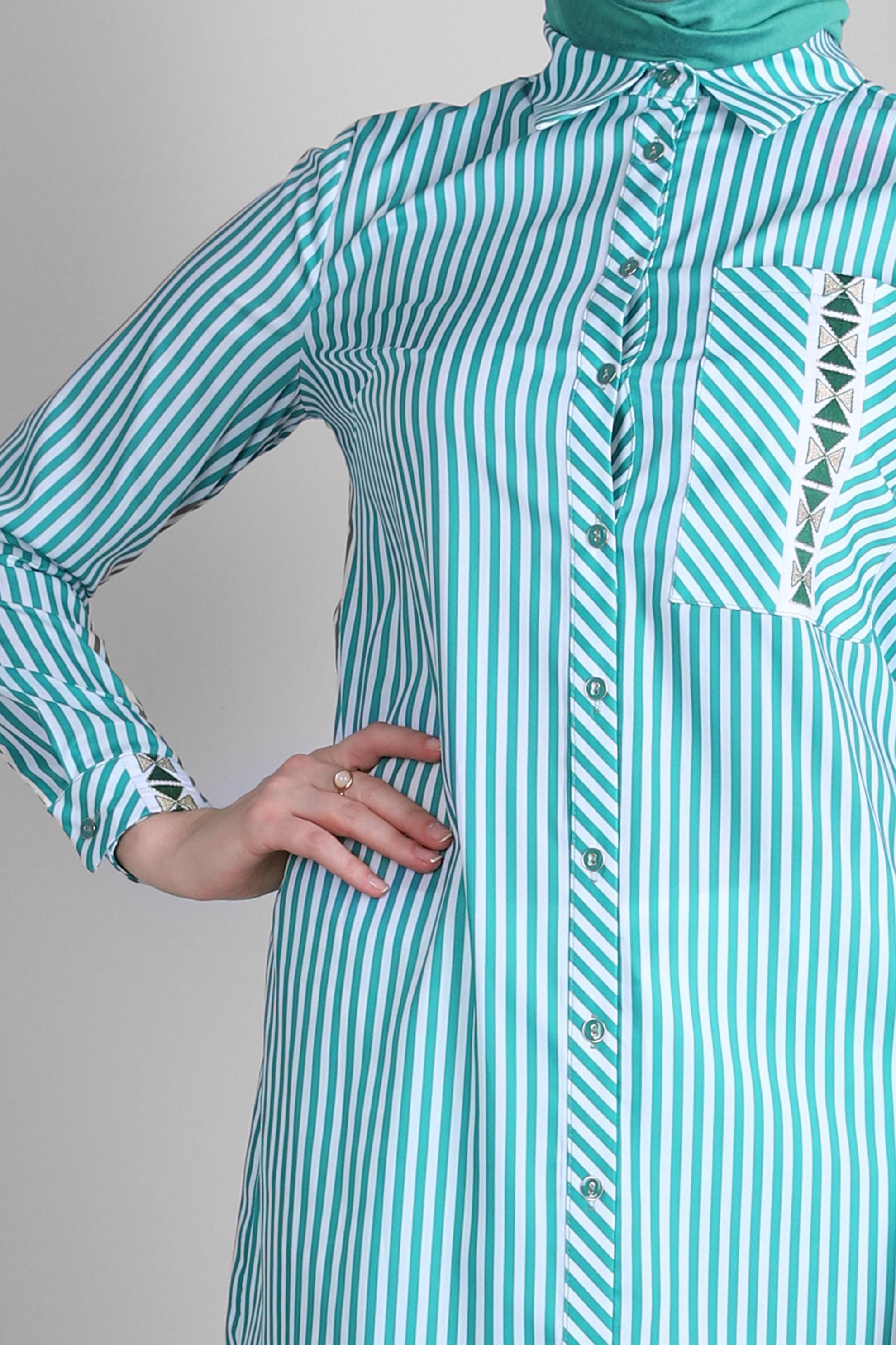 Tesettür giyim YEŞİL ÇİZGİLİ CEP DETAYLI GÖMLEK TUNİK 43674