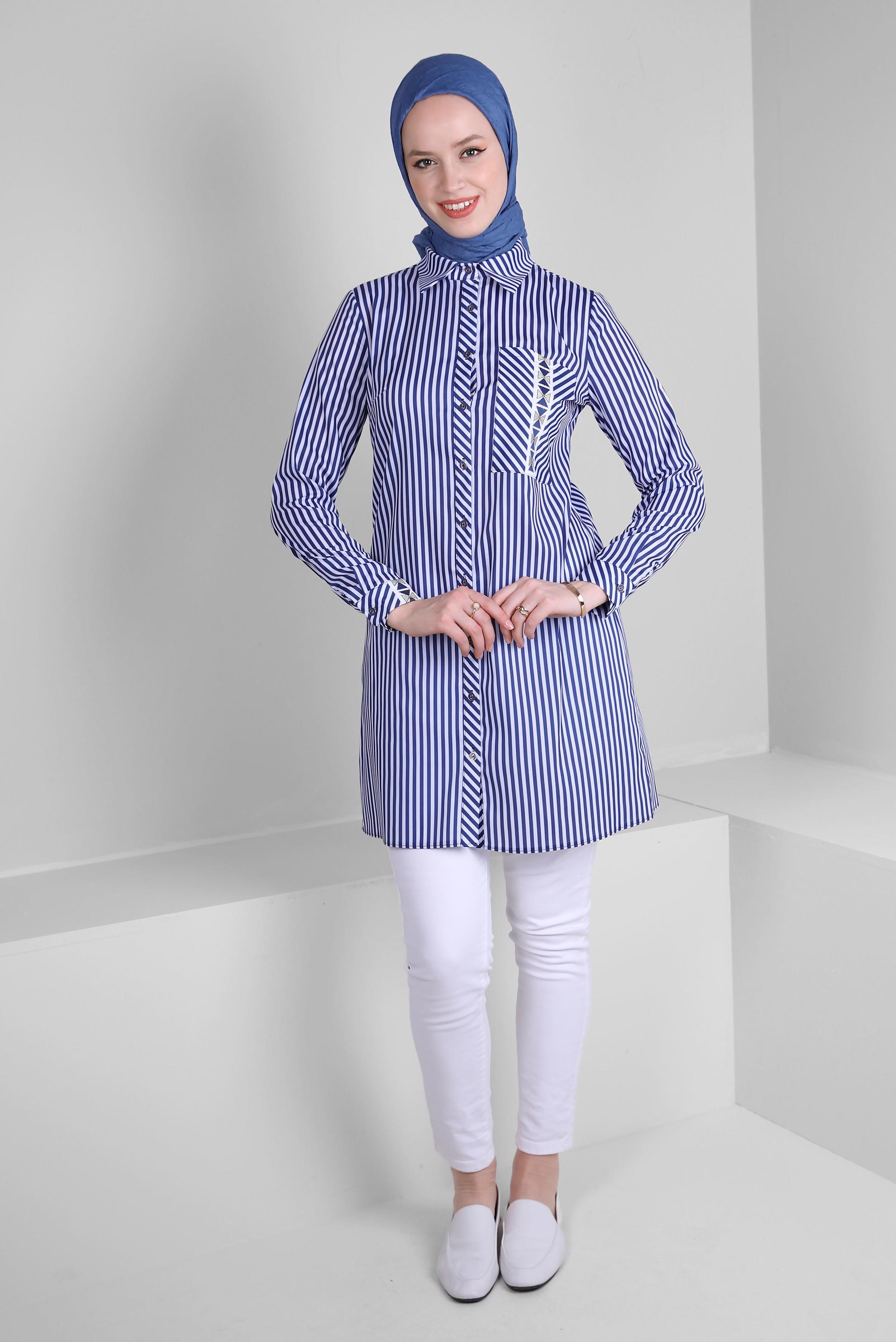 Tesettür giyim LACİVERT ÇİZGİLİ CEP DETAYLI GÖMLEK TUNİK 43674