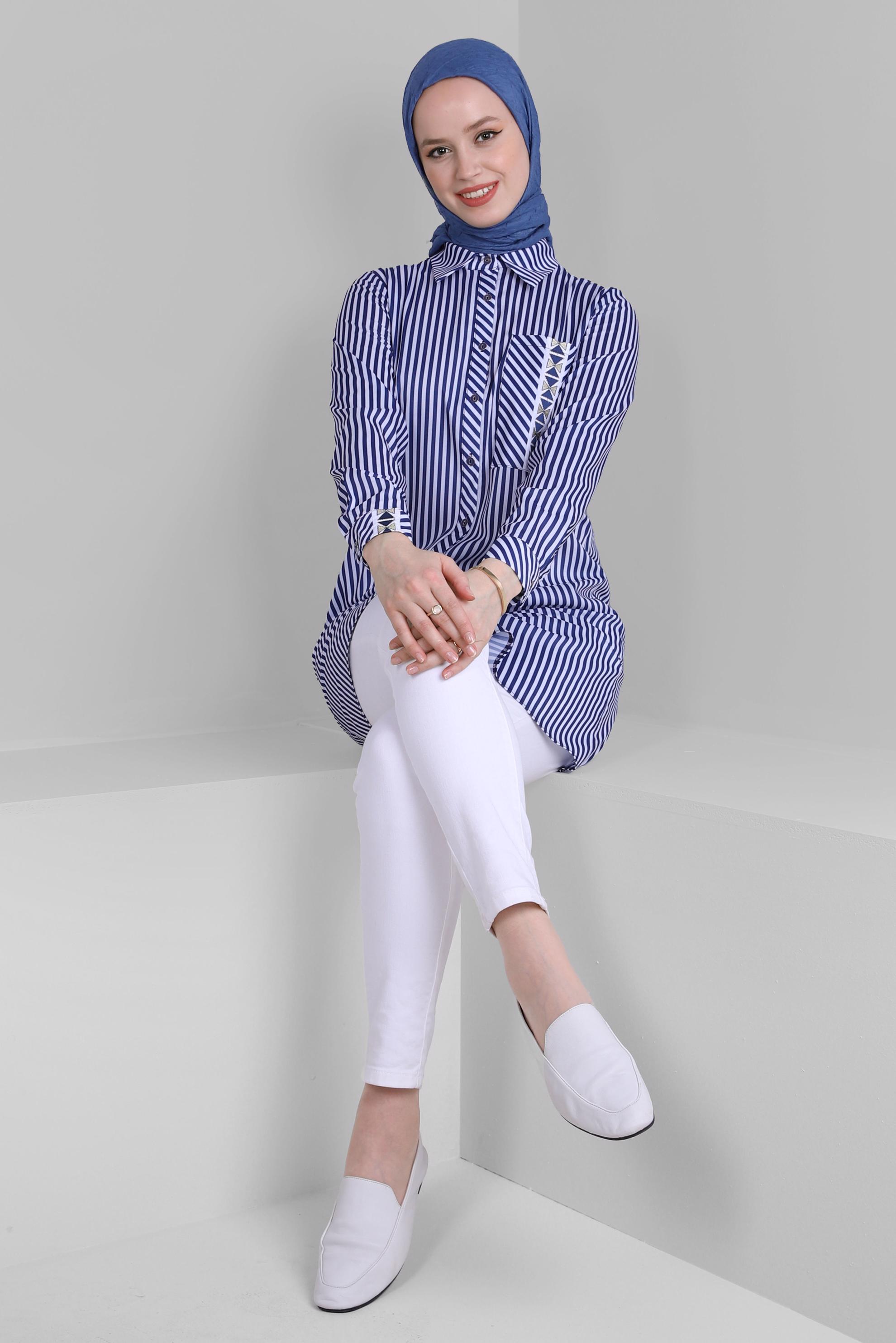 Tesettür giyim LACİVERT ÇİZGİLİ CEP DETAYLI GÖMLEK TUNİK 43674