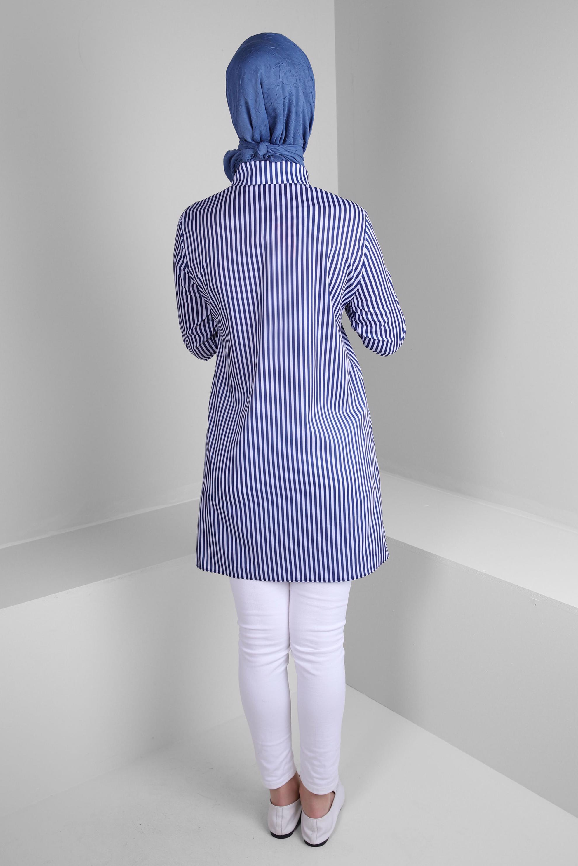 Tesettür giyim LACİVERT ÇİZGİLİ CEP DETAYLI GÖMLEK TUNİK 43674