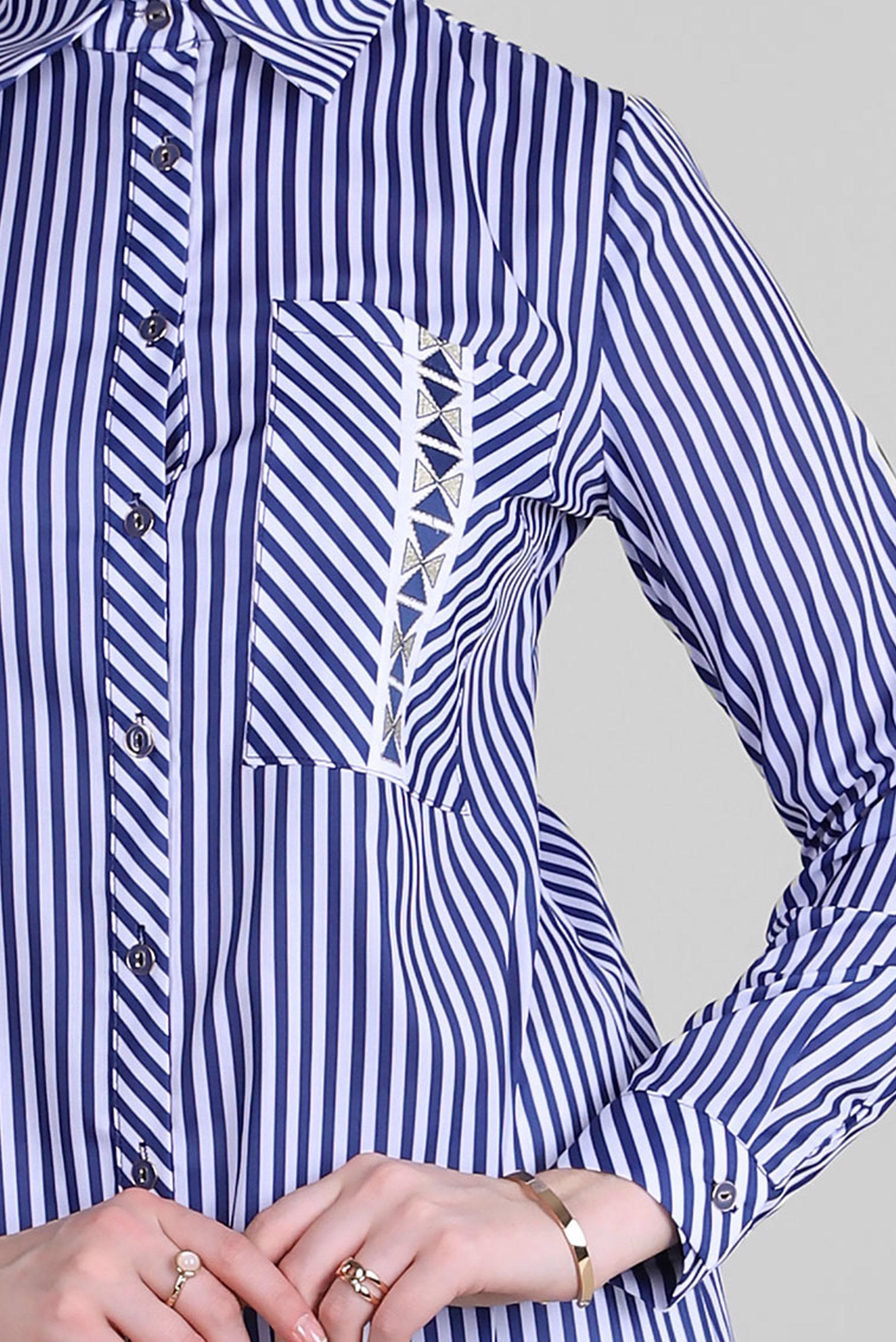 Tesettür giyim LACİVERT ÇİZGİLİ CEP DETAYLI GÖMLEK TUNİK 43674