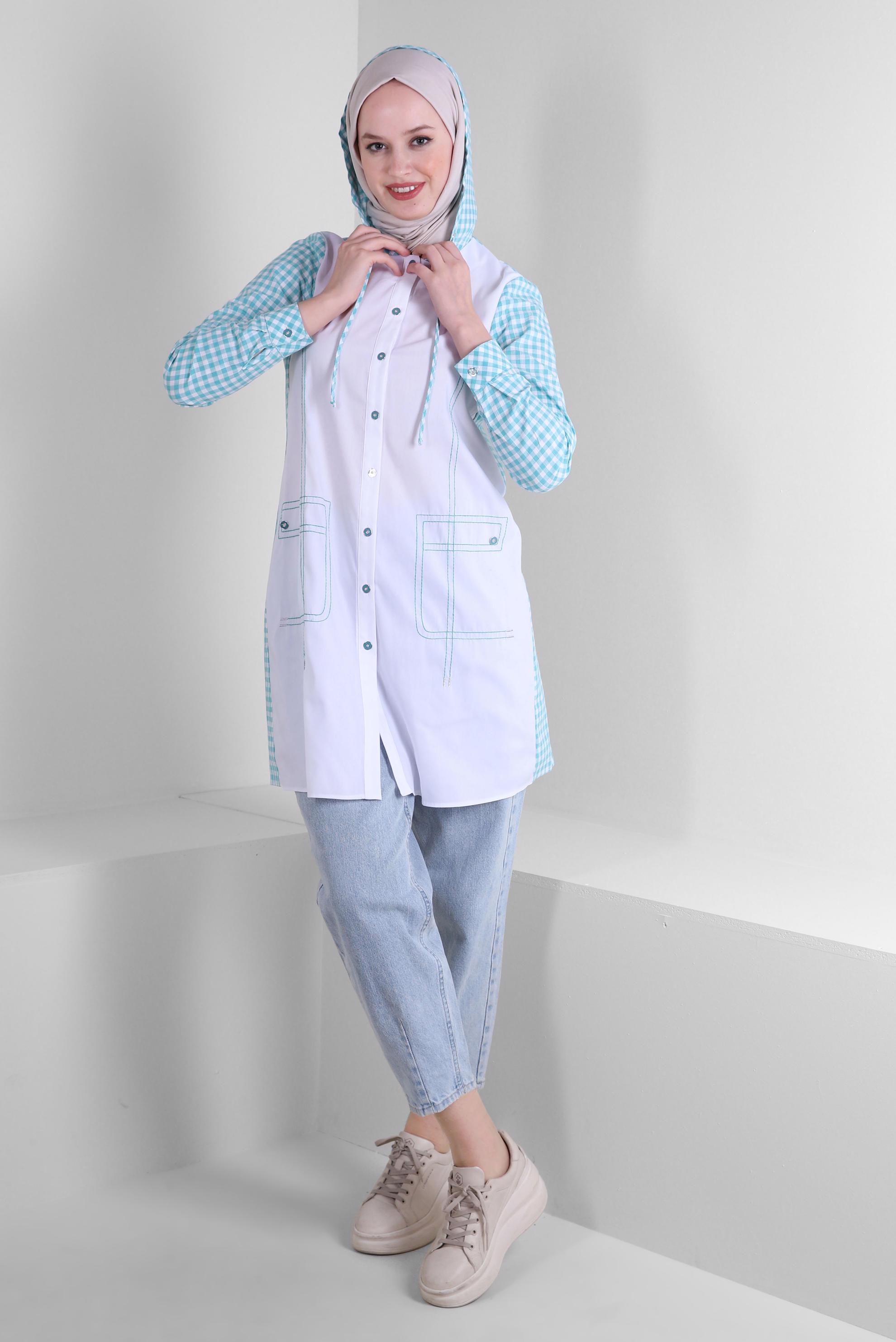 Tesettür giyim MAVİ PÖTİKARE DESENLİ KAPÜŞONLU DÜĞMELİ TUNİK 43678